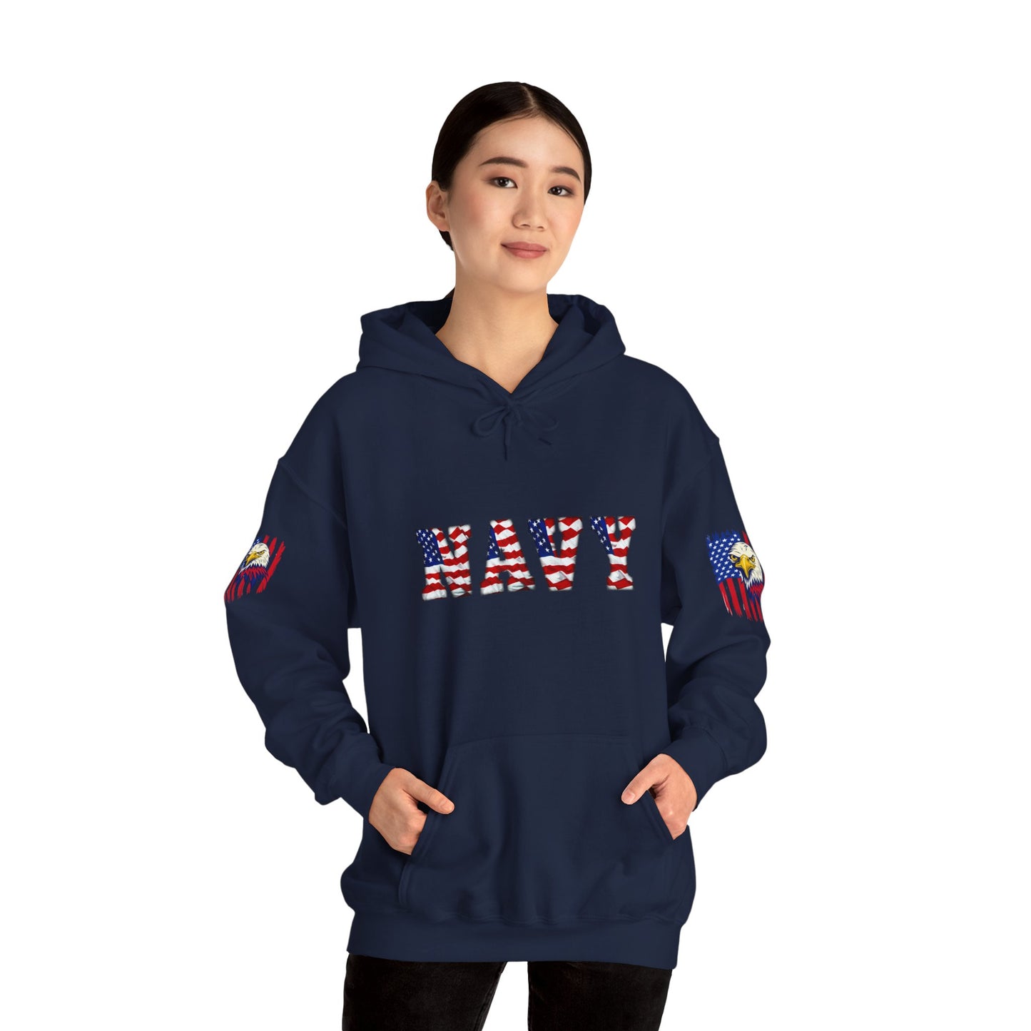 Princess Grace  Patriotic Eagle Navy Hoodie Unisex Heavy Blend Sweatshirt with Flags