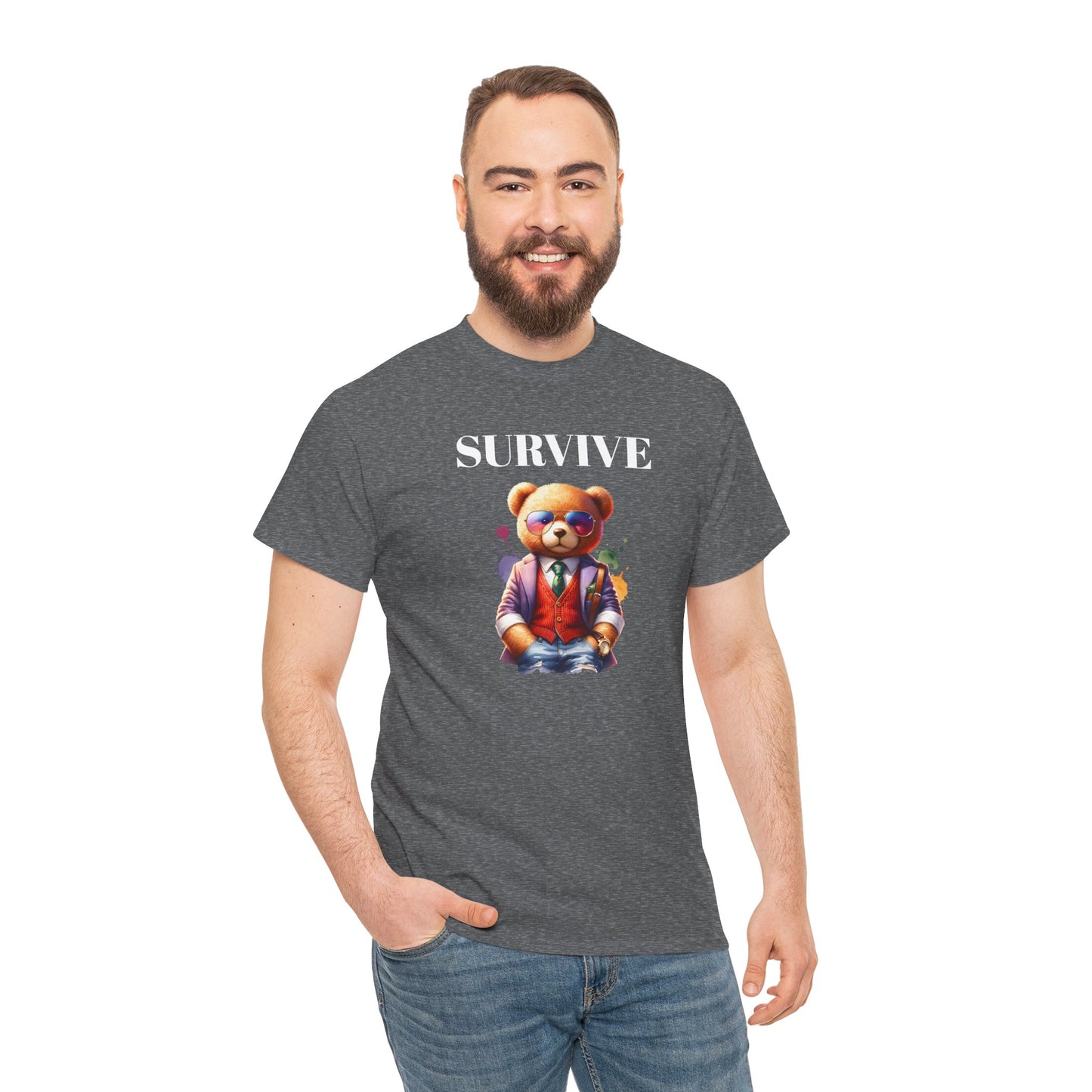 Princess Grace  Unisex Heavy Cotton Tee  'Survive' Teddy Bear Graphic T-Shirt for Casual Wear