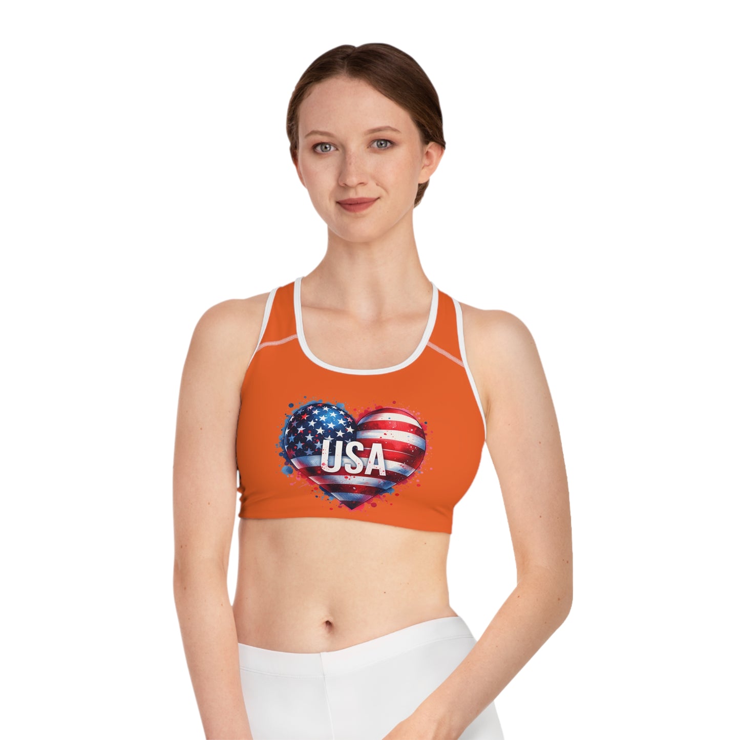 Princess Grace  USA Heart Patriotic Sports Bra  Perfect for Independence Day & Active Wear Lovers