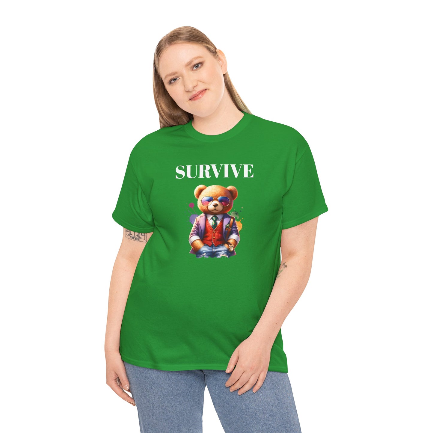 Princess Grace  Unisex Heavy Cotton Tee  'Survive' Teddy Bear Graphic T-Shirt for Casual Wear