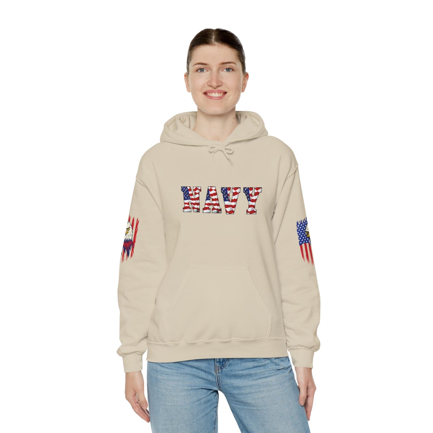 Princess Grace  Patriotic Eagle Navy Hoodie Unisex Heavy Blend Sweatshirt with Flags
