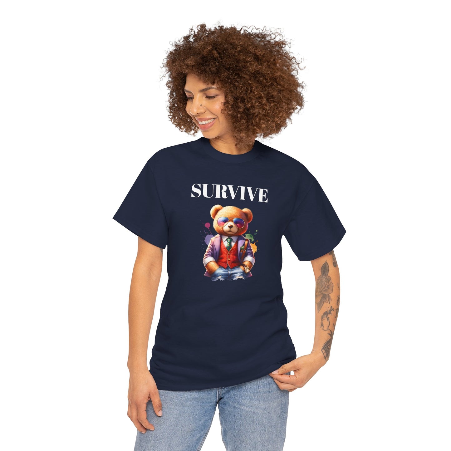 Princess Grace  Unisex Heavy Cotton Tee  'Survive' Teddy Bear Graphic T-Shirt for Casual Wear