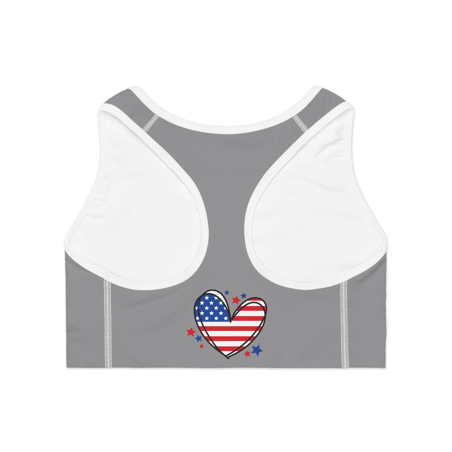 Princess Grace  Patriotic Heart Sports Bra American Flag Design for Fitness and Active Lifestyle