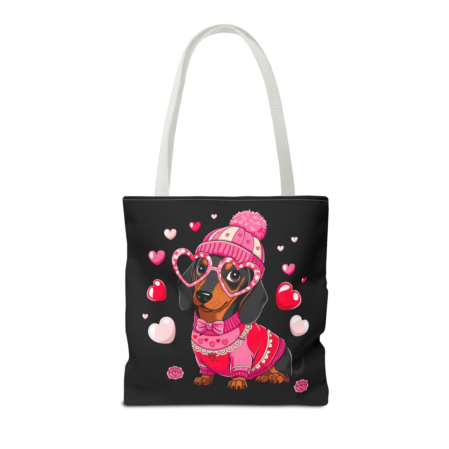 Princess Grace  Cute Dog Lover Tote Bag Adorable Valentines Gift with Heart and Pink Sweater Design