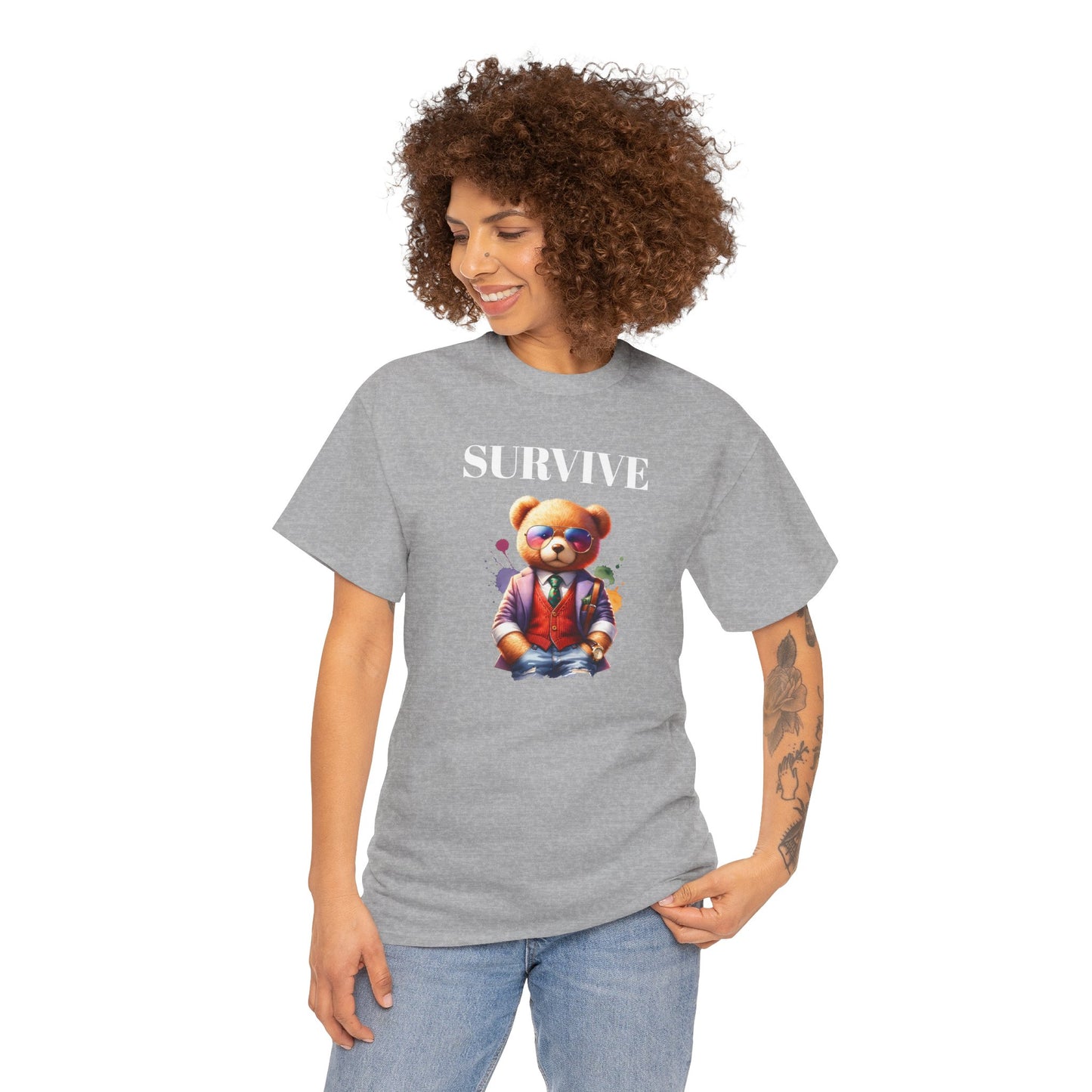 Princess Grace  Unisex Heavy Cotton Tee  'Survive' Teddy Bear Graphic T-Shirt for Casual Wear