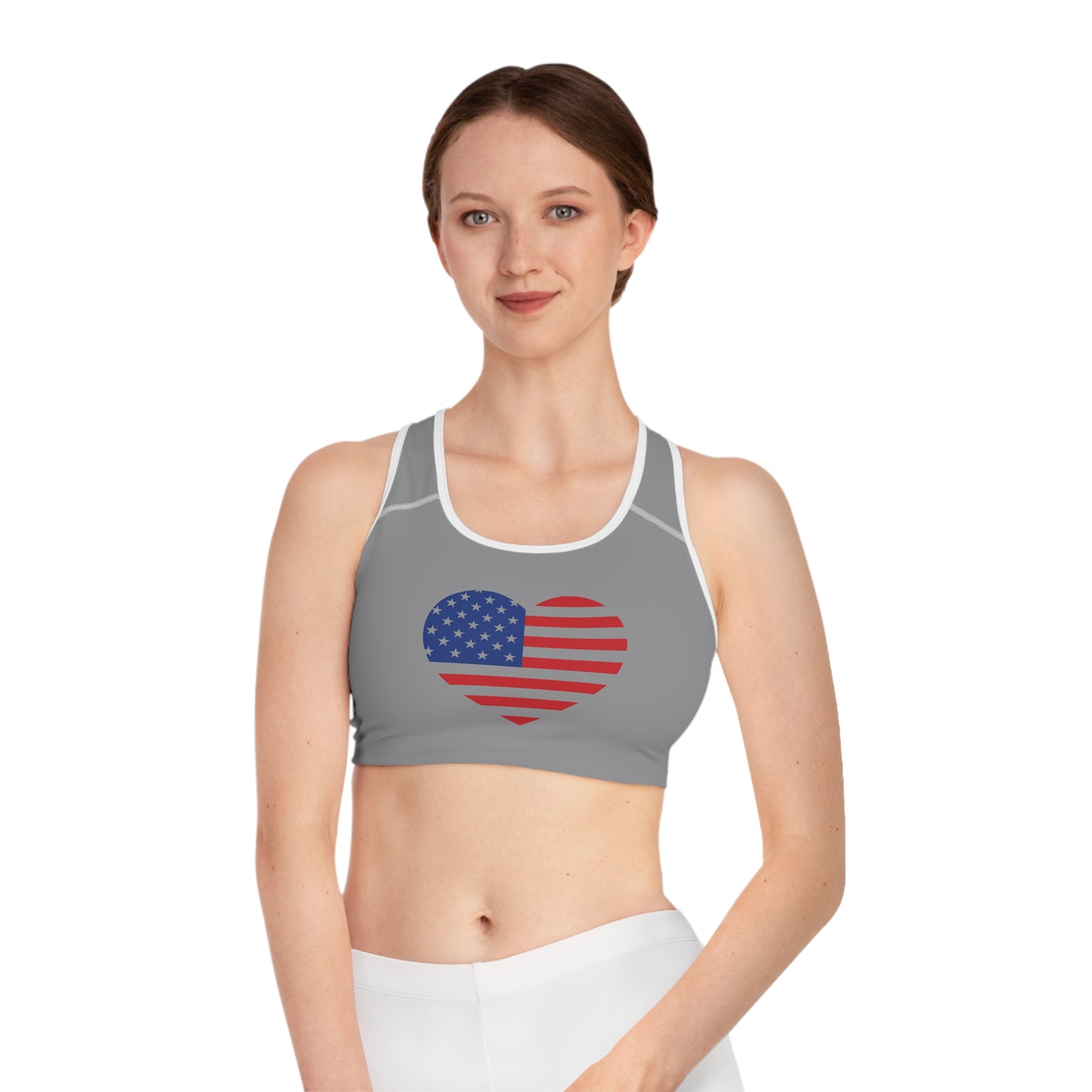 Princess Grace  Patriotic Heart Sports Bra American Flag Workout Gear for Fitness Enthusiasts