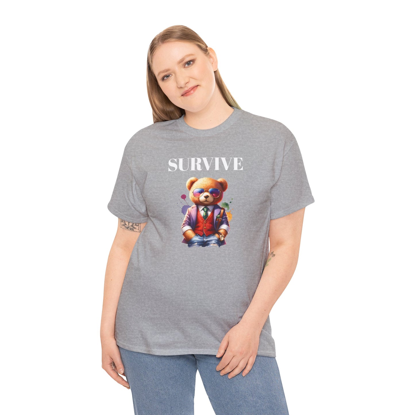 Princess Grace  Unisex Heavy Cotton Tee  'Survive' Teddy Bear Graphic T-Shirt for Casual Wear