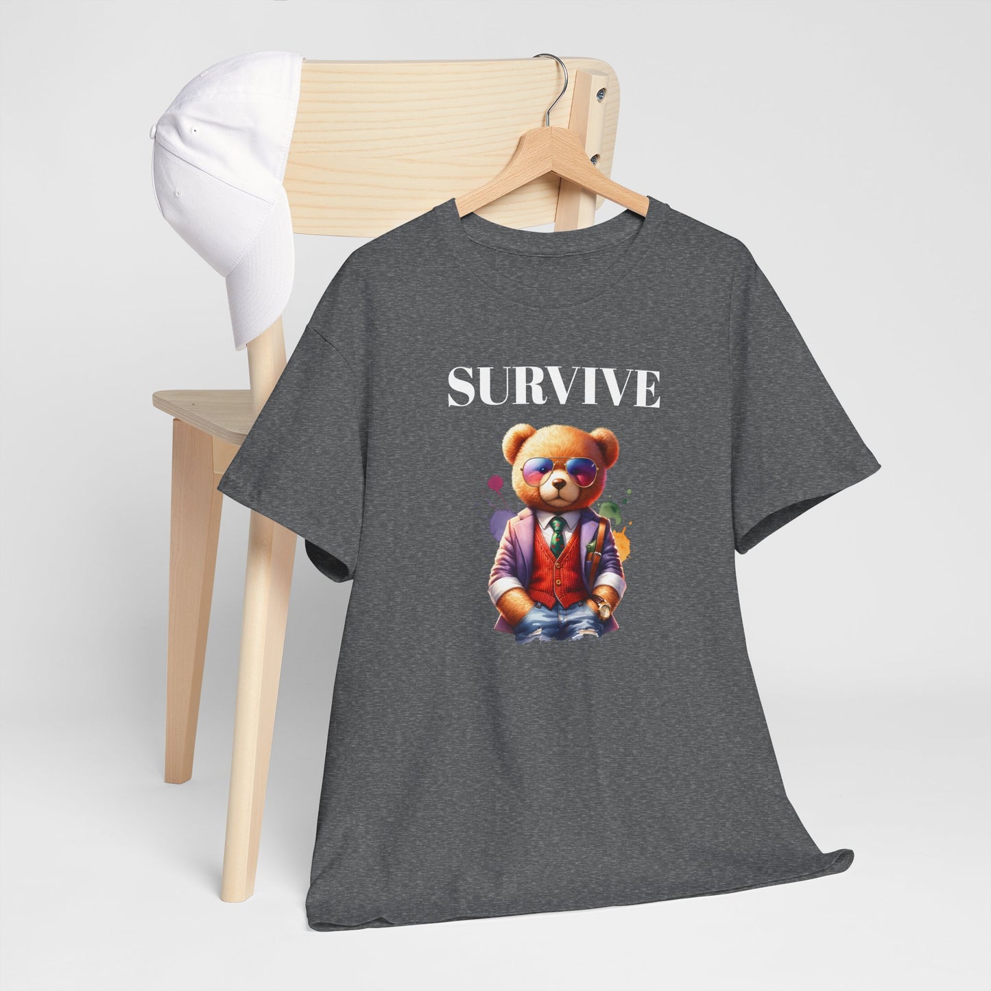 Princess Grace  Unisex Heavy Cotton Tee  'Survive' Teddy Bear Graphic T-Shirt for Casual Wear