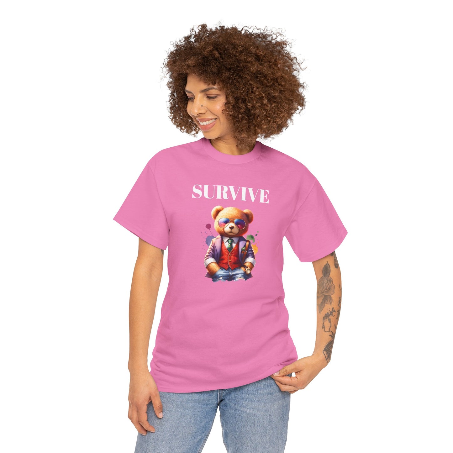 Princess Grace  Unisex Heavy Cotton Tee  'Survive' Teddy Bear Graphic T-Shirt for Casual Wear
