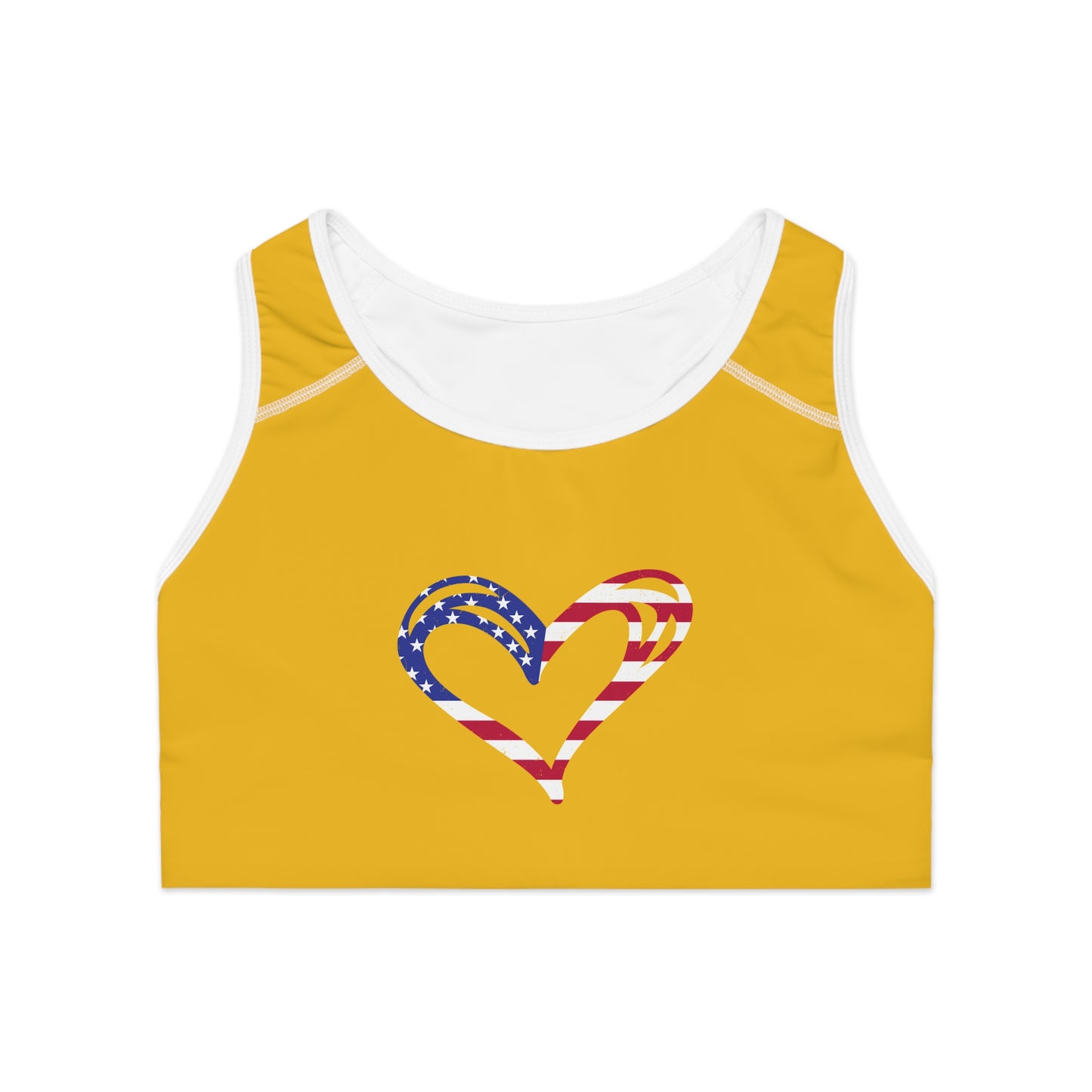 Princess Grace  Patriotic Heart Sports Bra  Yellow Fitness Top for Active Women