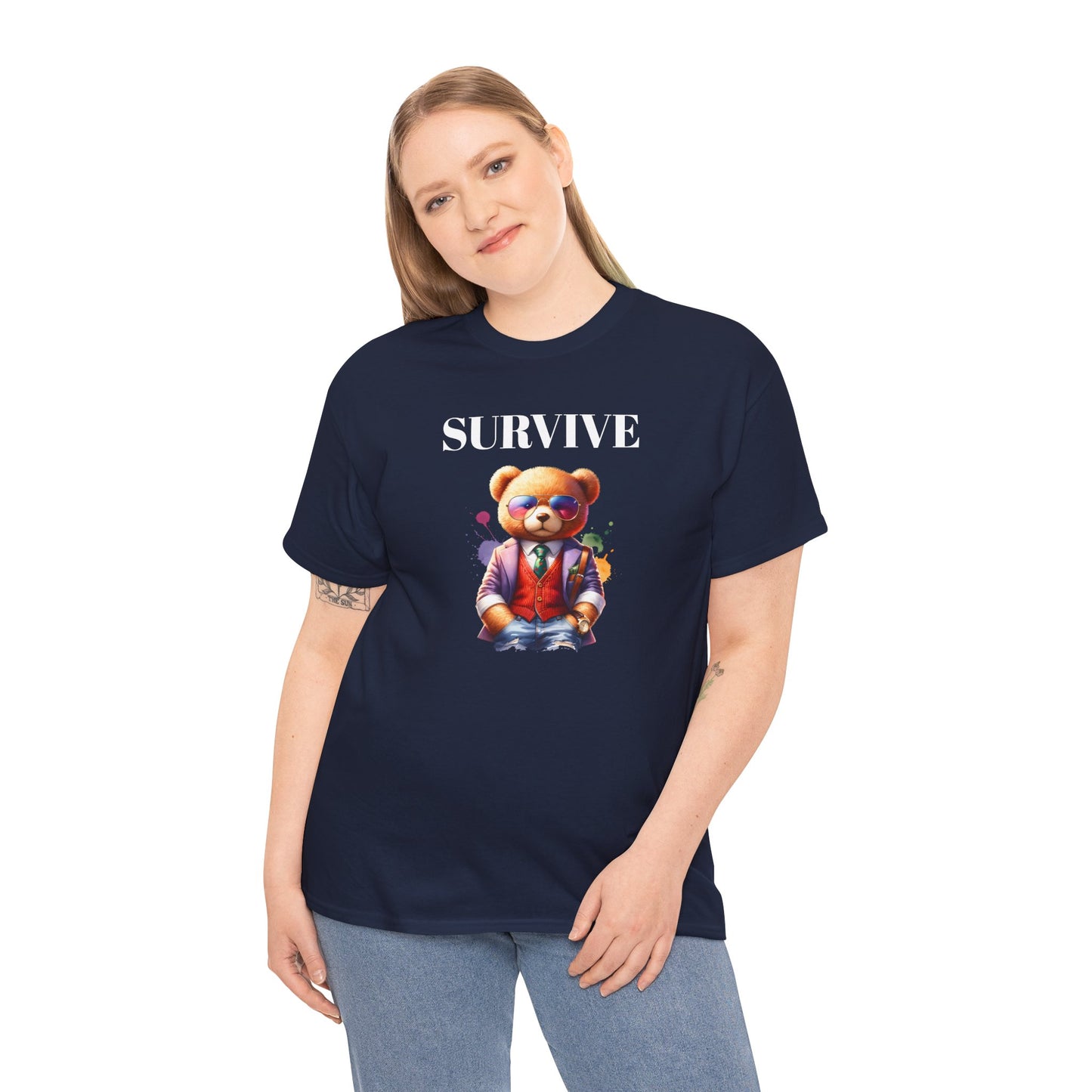 Princess Grace  Unisex Heavy Cotton Tee  'Survive' Teddy Bear Graphic T-Shirt for Casual Wear
