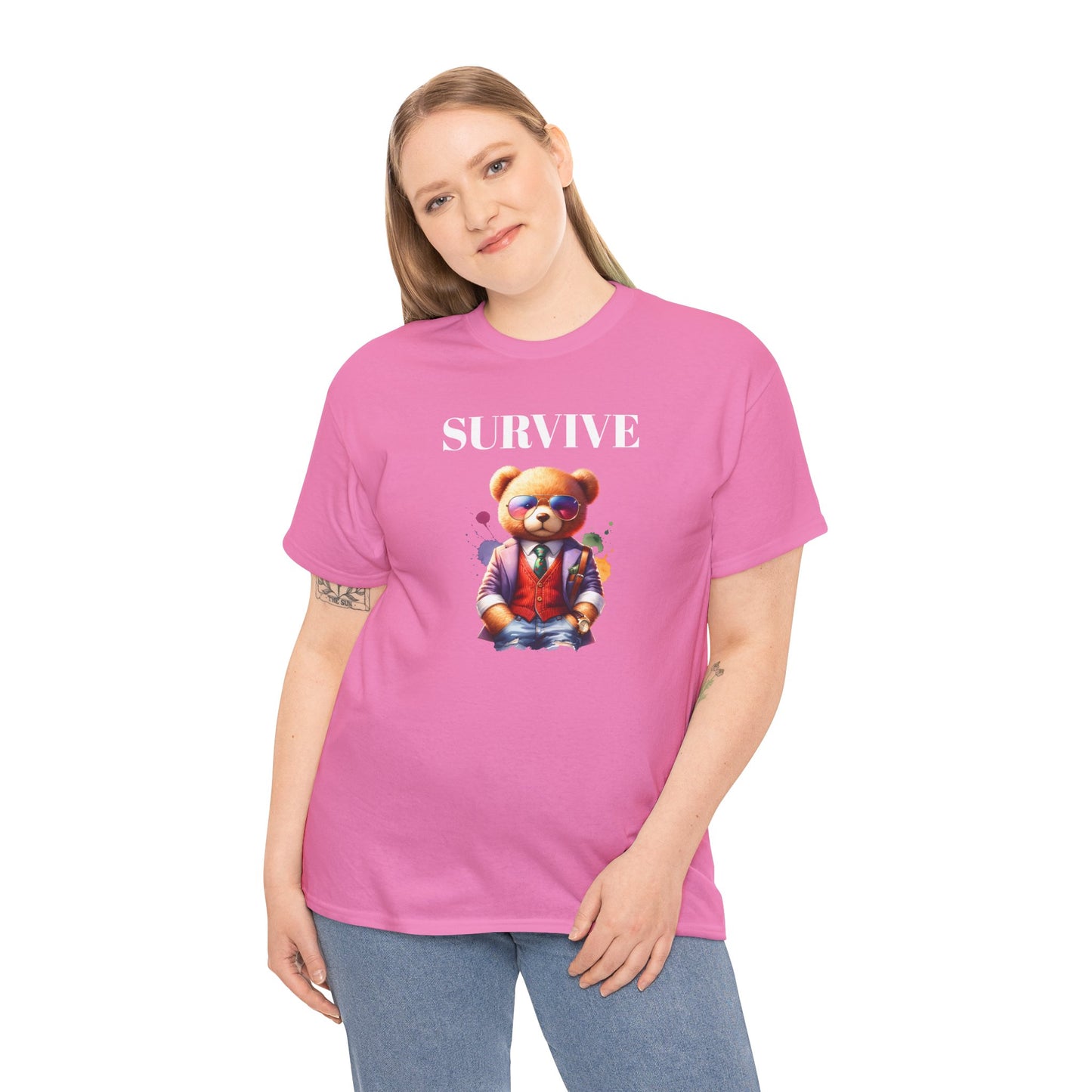 Princess Grace  Unisex Heavy Cotton Tee  'Survive' Teddy Bear Graphic T-Shirt for Casual Wear