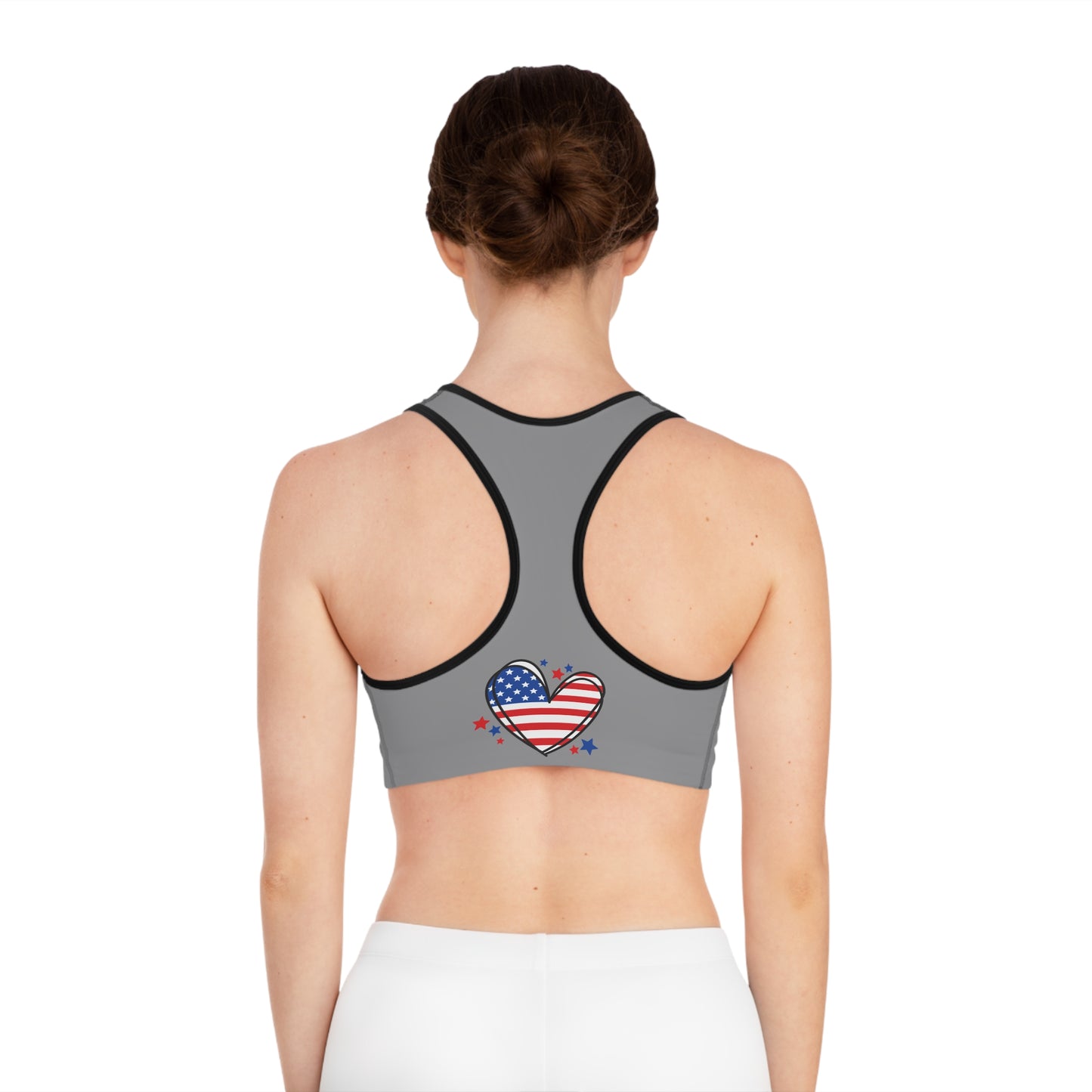 Princess Grace  Patriotic Heart Sports Bra American Flag Design for Fitness and Active Lifestyle