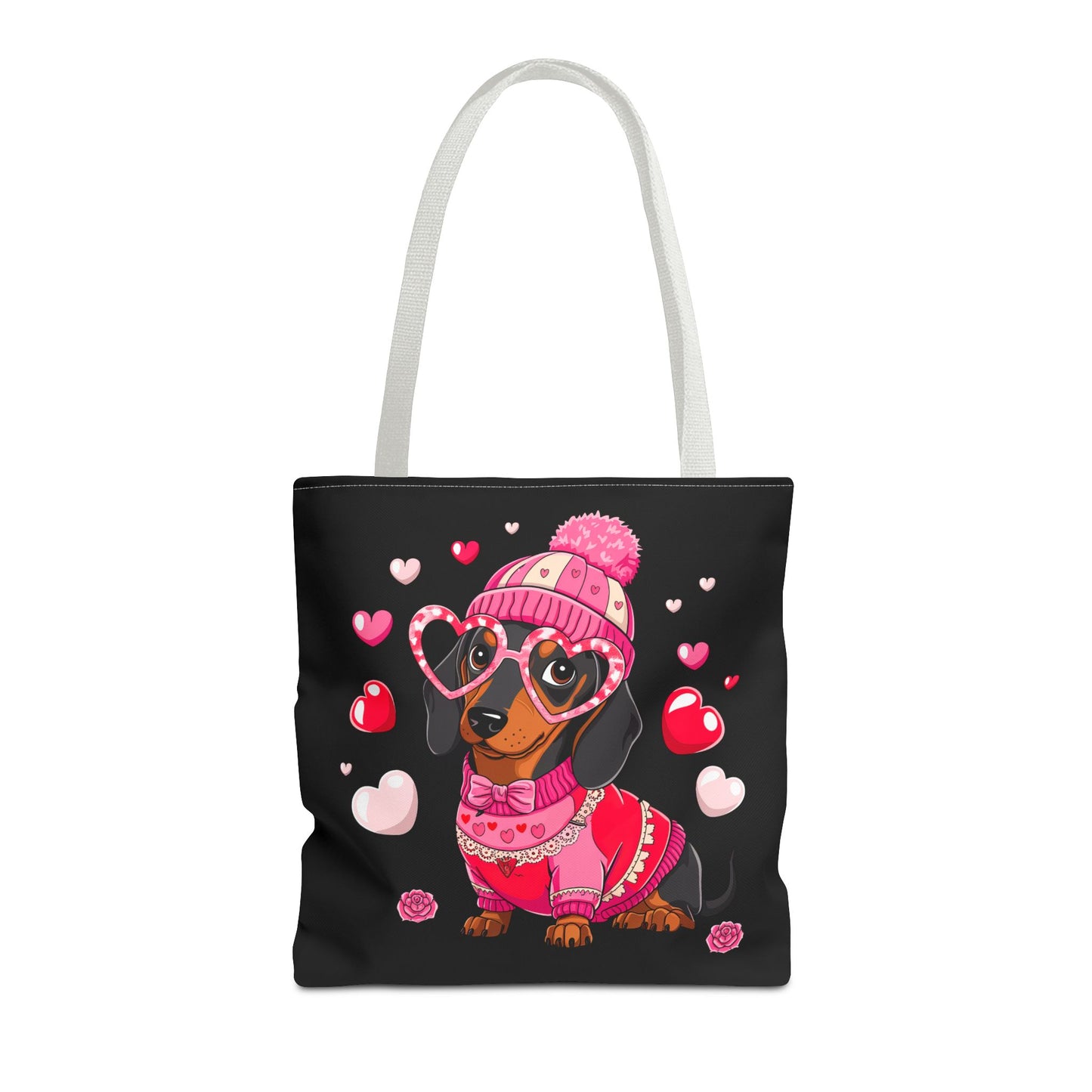 Princess Grace  Cute Dog Lover Tote Bag Adorable Valentines Gift with Heart and Pink Sweater Design