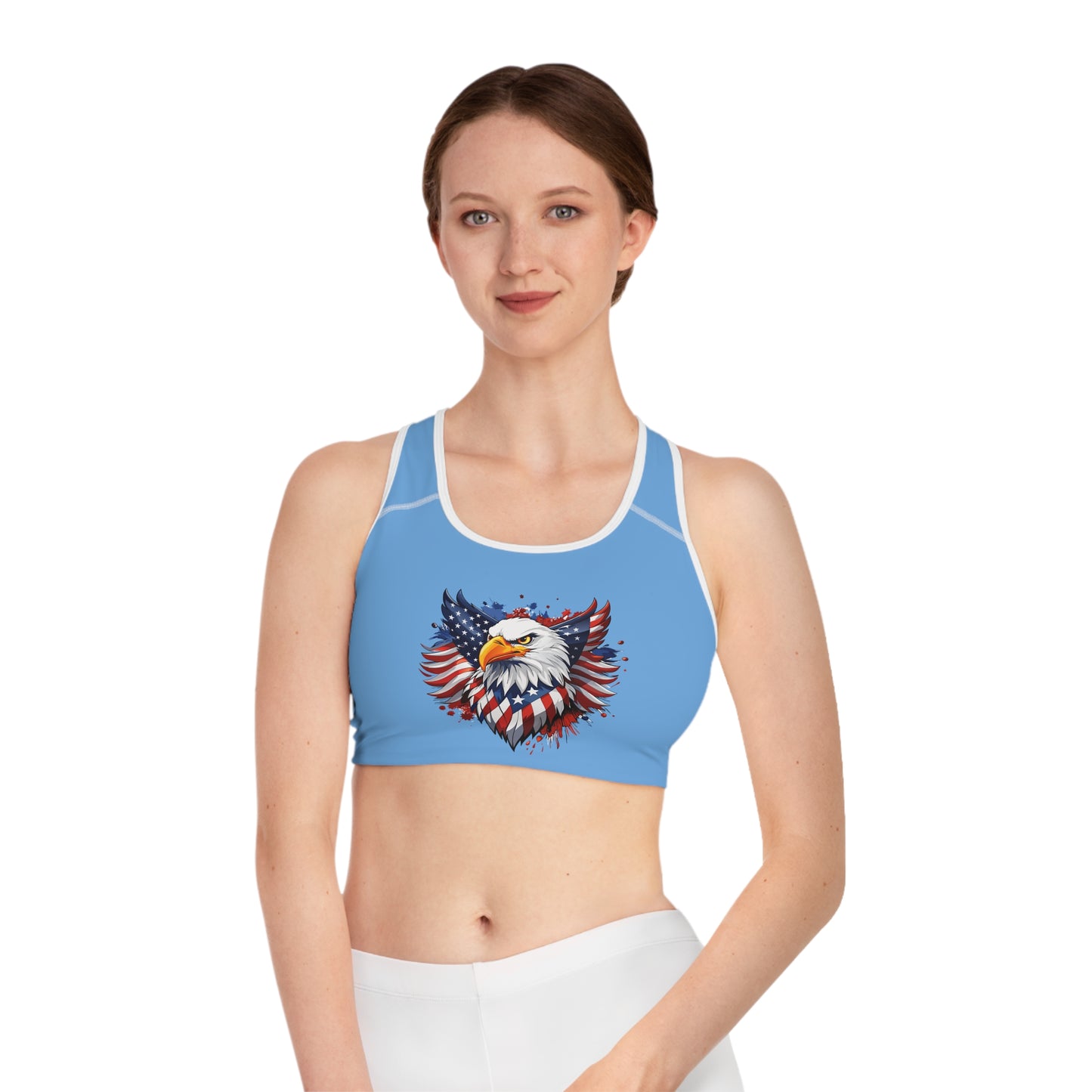 Princess Grace  Patriotic Eagle Sports Bra  USA Flag Design  Perfect for Activewear