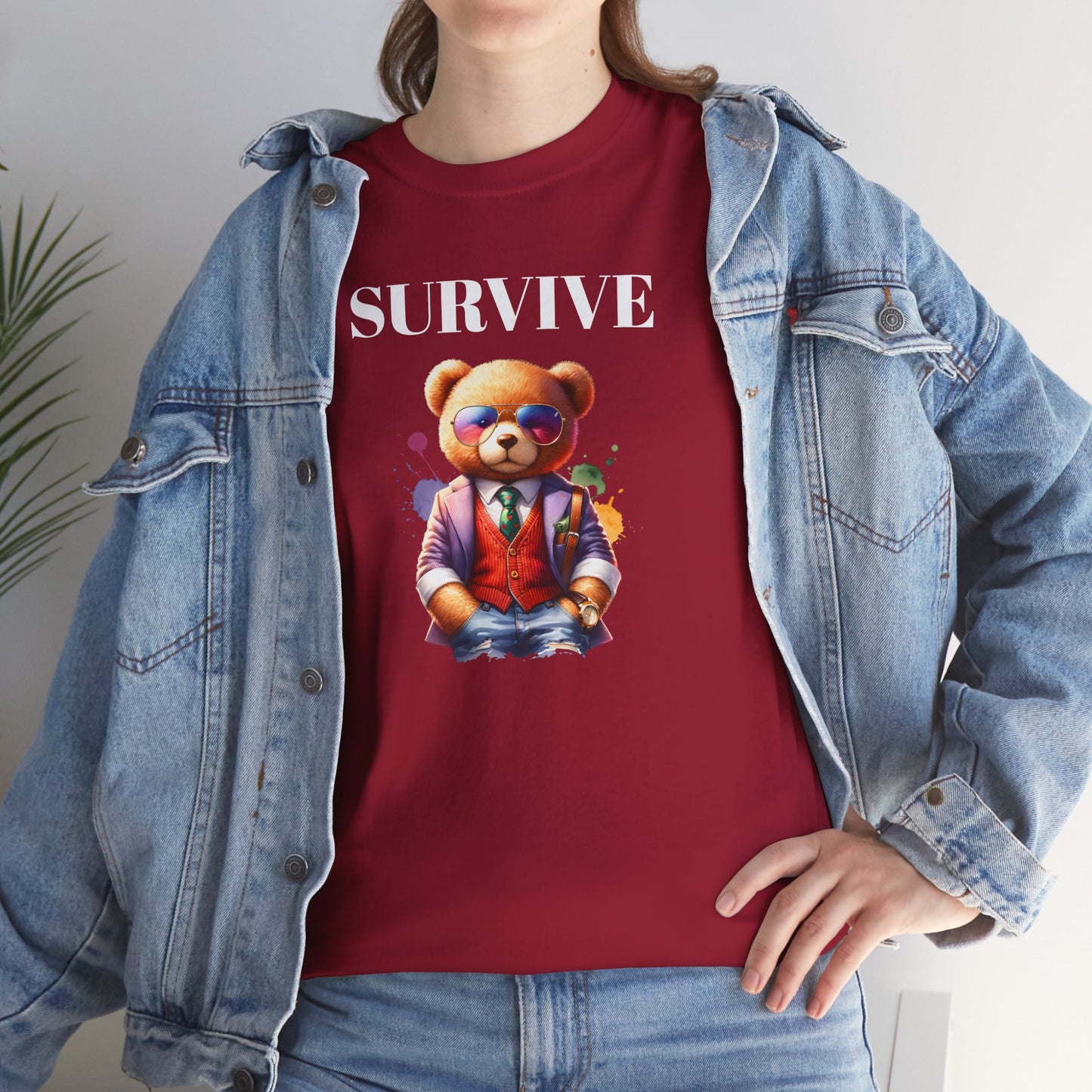 Princess Grace  Unisex Heavy Cotton Tee  'Survive' Teddy Bear Graphic T-Shirt for Casual Wear