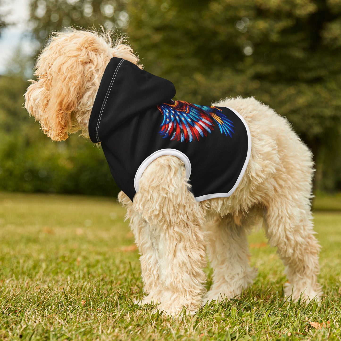 Princess Grace  Patriotic Eagle Pet Hoodie Stylish Black Dog Sweater for Independence Day & Year Round Wear
