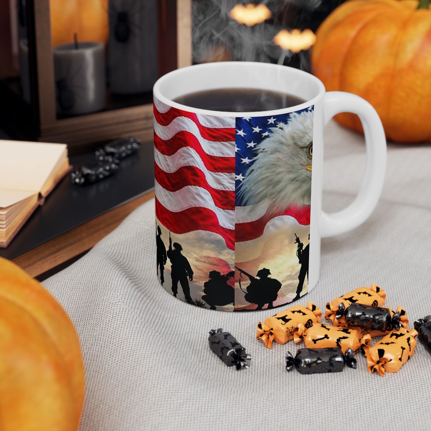 Princess Grace Patriotic Ceramic Mug, Military Tribute Coffee Cup, Eagle Flag Design, 11oz 15oz, Veterans Day Gift, Independence Day Decor