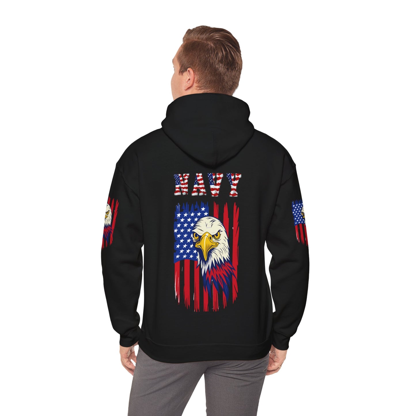 Princess Grace  Patriotic Eagle Navy Hoodie Unisex Heavy Blend Sweatshirt with Flags