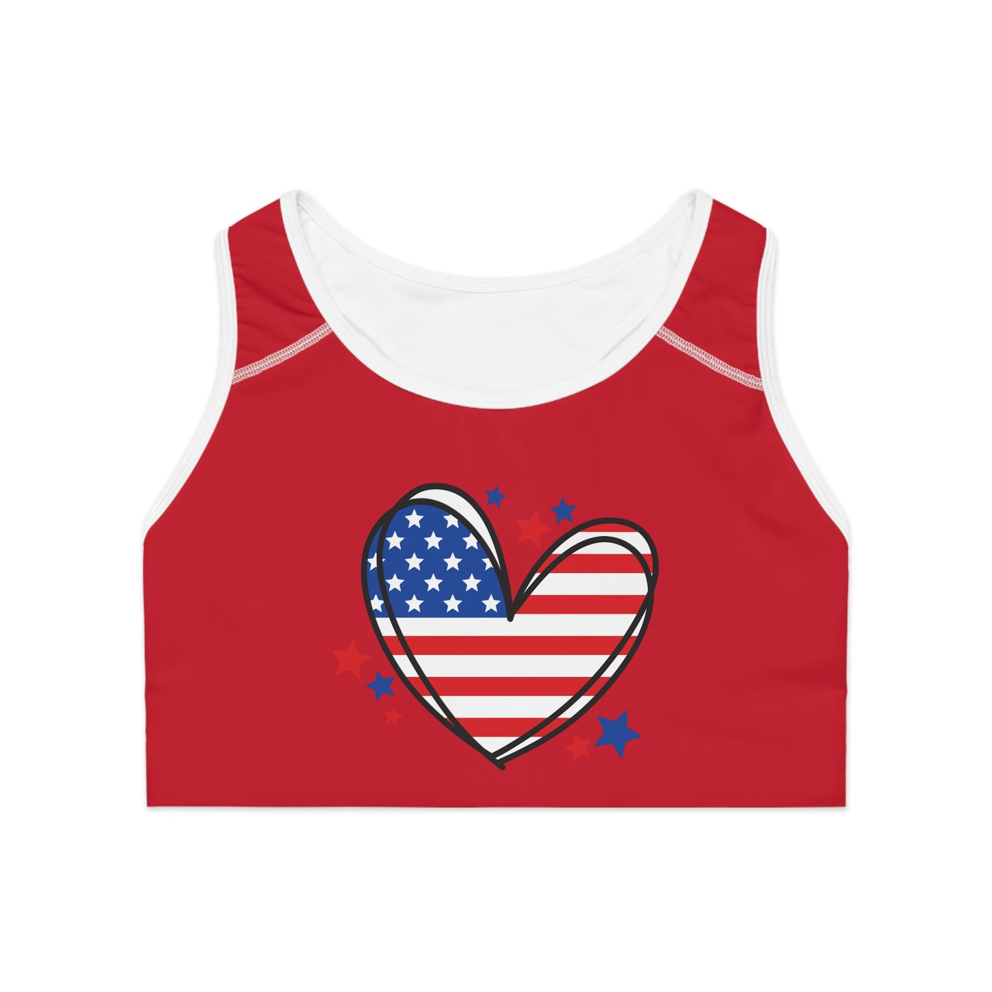 Princess Grace  Patriotic Love Sports Bra  Red Star-Heart Pattern for Active Lifestyle