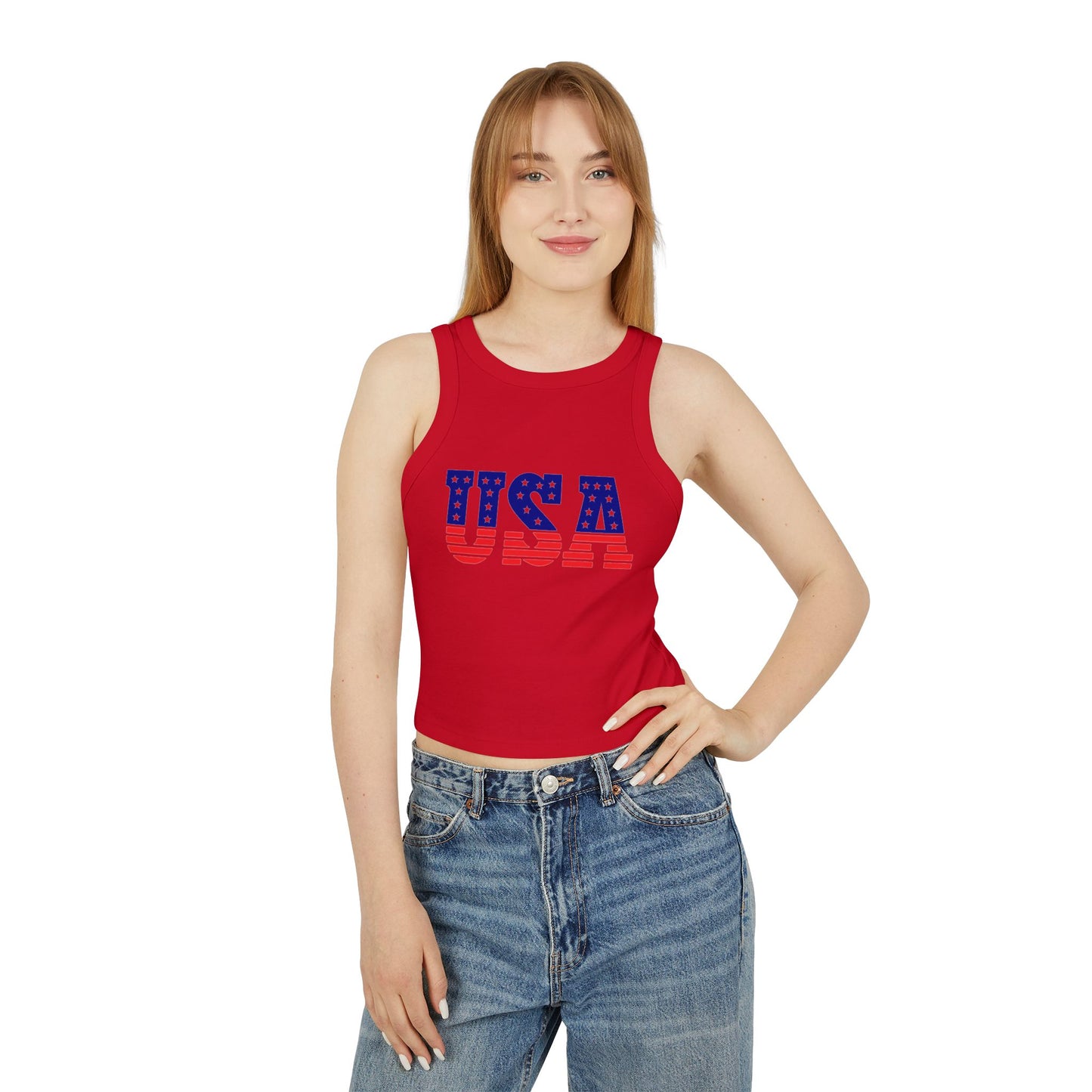 Princess Grace  USA Flag Women's Micro Rib Racer Tank Top Patriotic Summer Wear