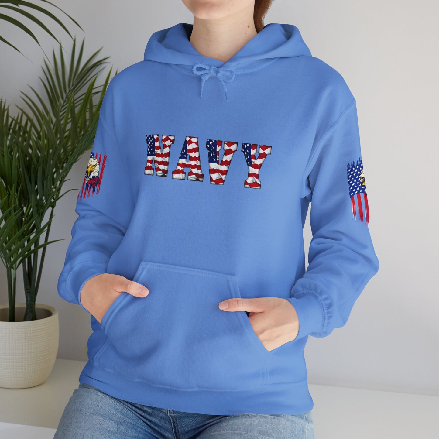 Princess Grace  Patriotic Eagle Navy Hoodie Unisex Heavy Blend Sweatshirt with Flags