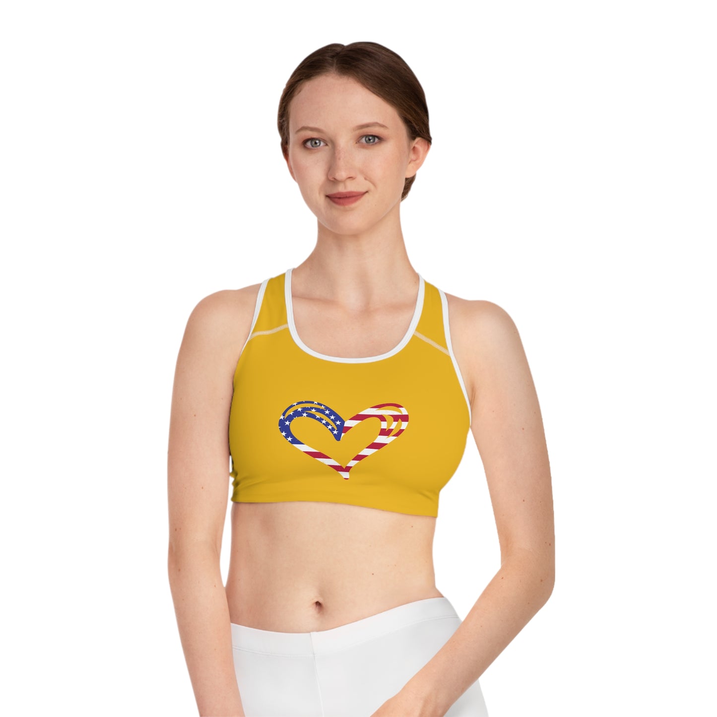 Princess Grace  Patriotic Heart Sports Bra  Yellow Fitness Top for Active Women