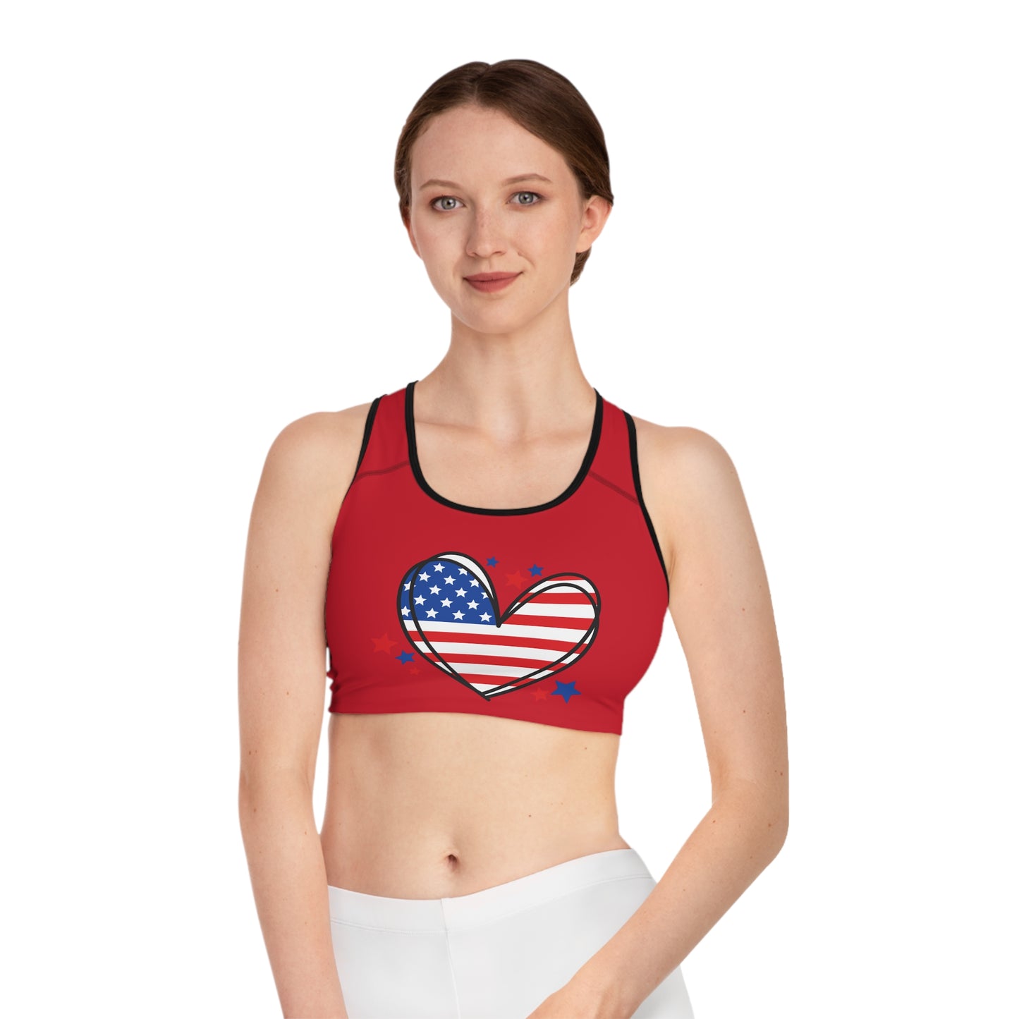 Princess Grace  Patriotic Love Sports Bra  Red Star-Heart Pattern for Active Lifestyle