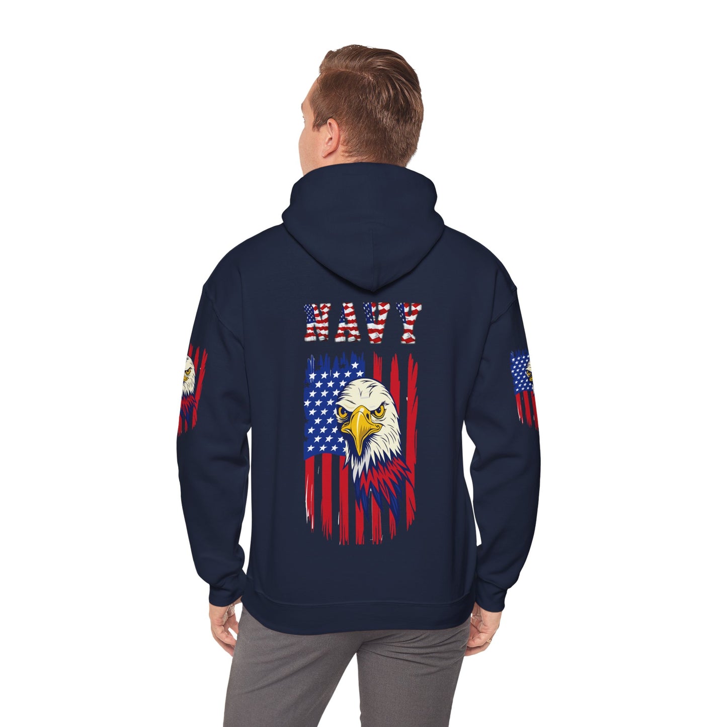 Princess Grace  Patriotic Eagle Navy Hoodie Unisex Heavy Blend Sweatshirt with Flags