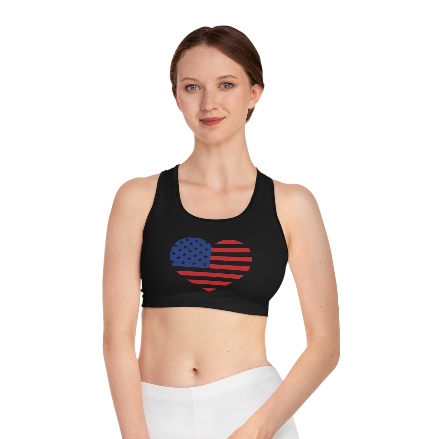 Princess Grace  Patriotic Heart Sports Bra -USA Flag Inspired Athletic Wear