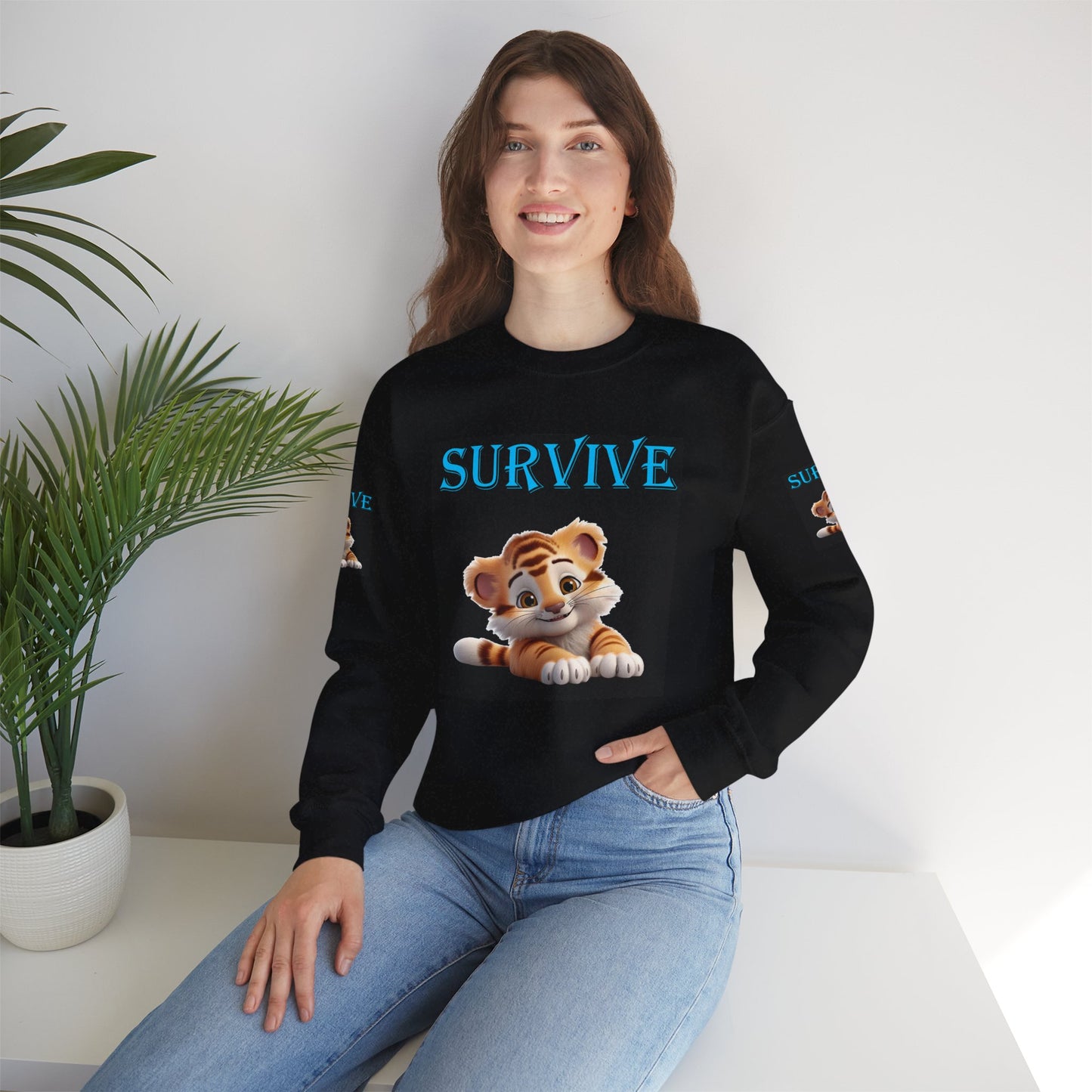 Princess Grace  Survive Tiger Unisex Crewneck Sweatshirt  Cute Animal Design for Comfort & Style