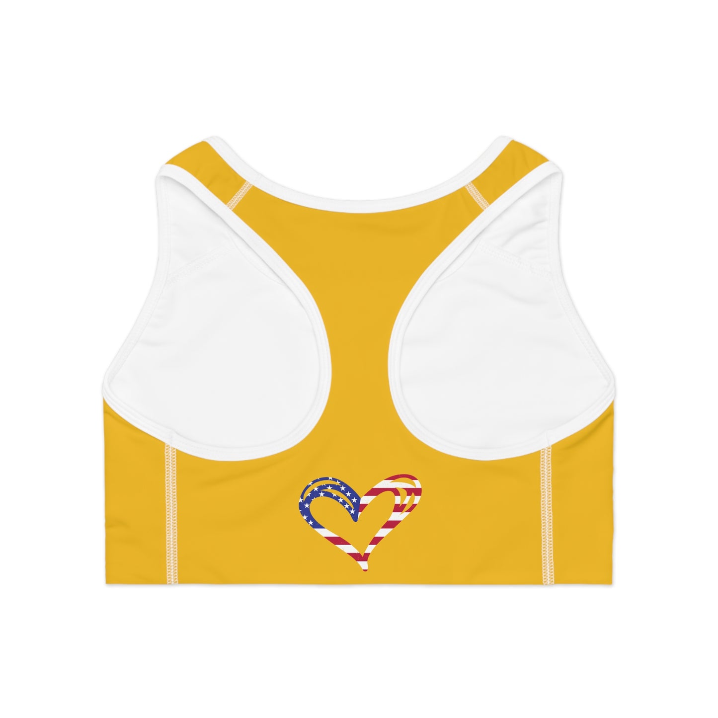 Princess Grace  Patriotic Heart Sports Bra  Yellow Fitness Top for Active Women