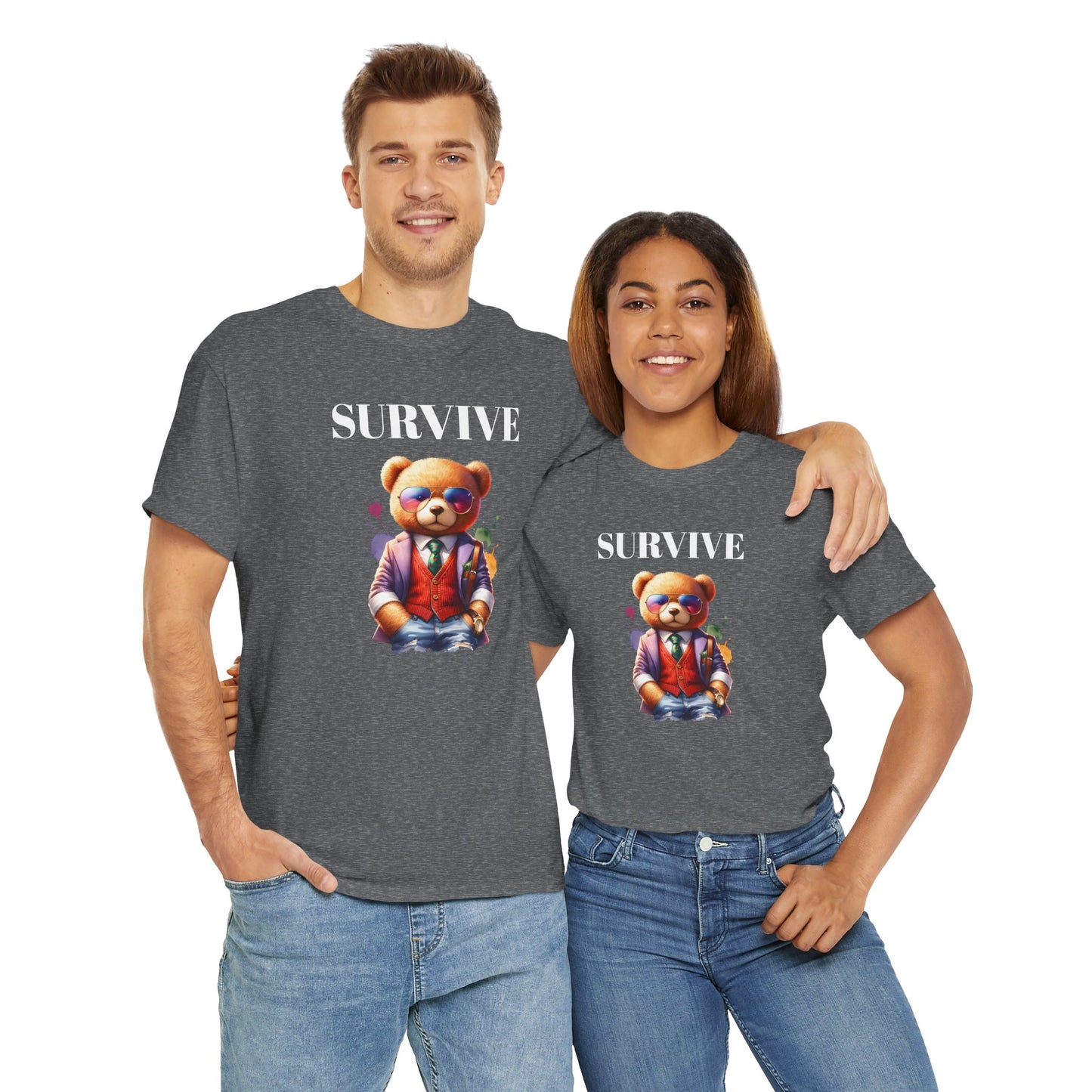 Princess Grace  Unisex Heavy Cotton Tee  'Survive' Teddy Bear Graphic T-Shirt for Casual Wear