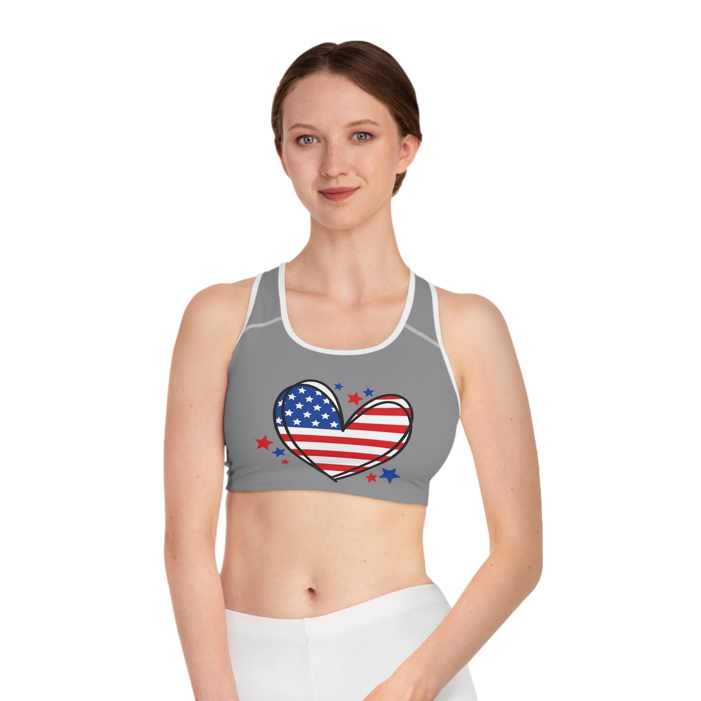 Princess Grace  Patriotic Heart Sports Bra American Flag Design for Fitness and Active Lifestyle