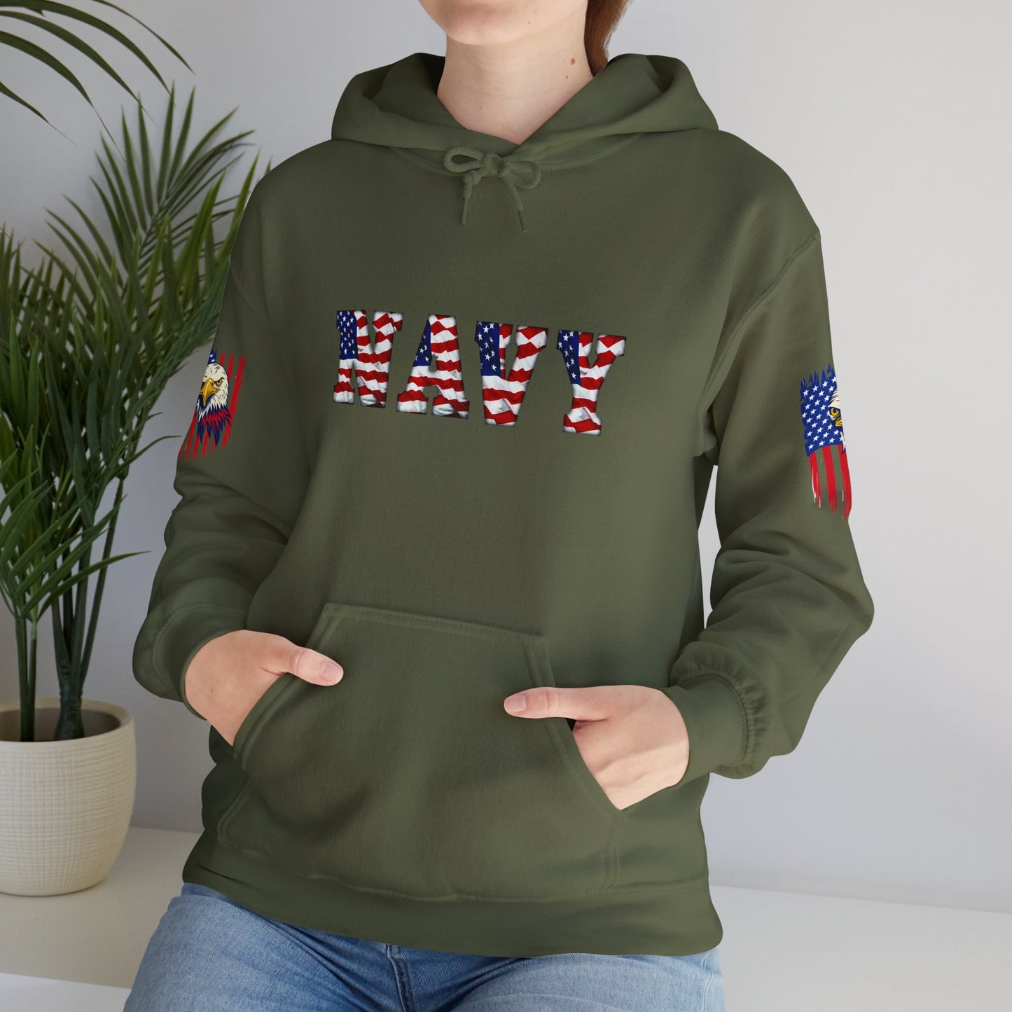 Princess Grace  Patriotic Eagle Navy Hoodie Unisex Heavy Blend Sweatshirt with Flags