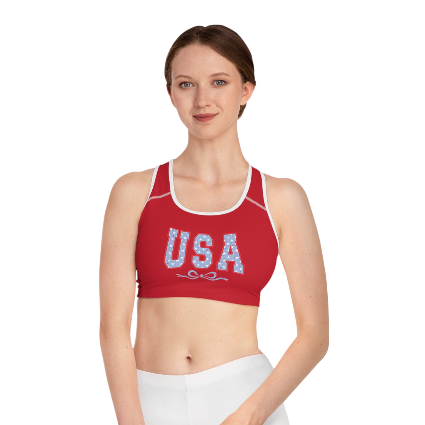 Princess Grace  USA Red Sports Bra  Comfortable Athletic Wear for Independence Day & Fitness Lovers