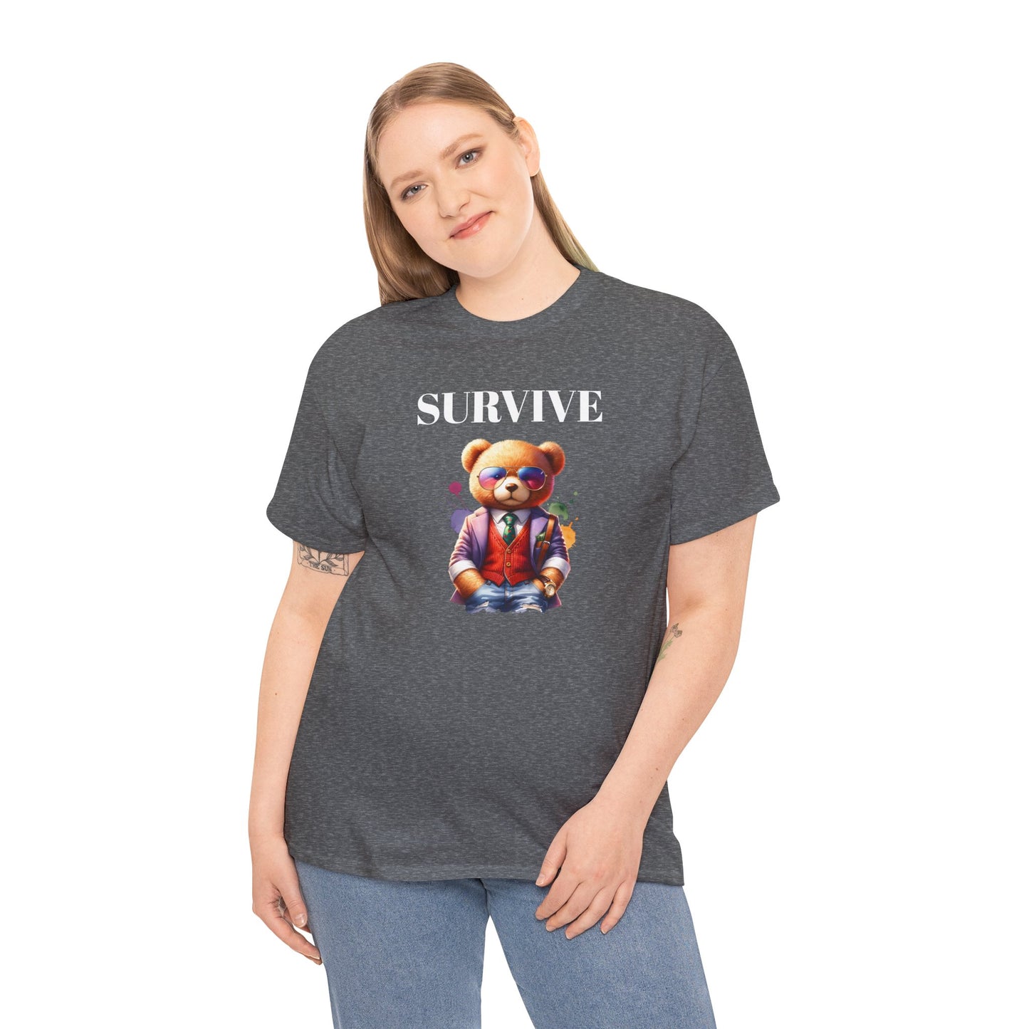 Princess Grace  Unisex Heavy Cotton Tee  'Survive' Teddy Bear Graphic T-Shirt for Casual Wear