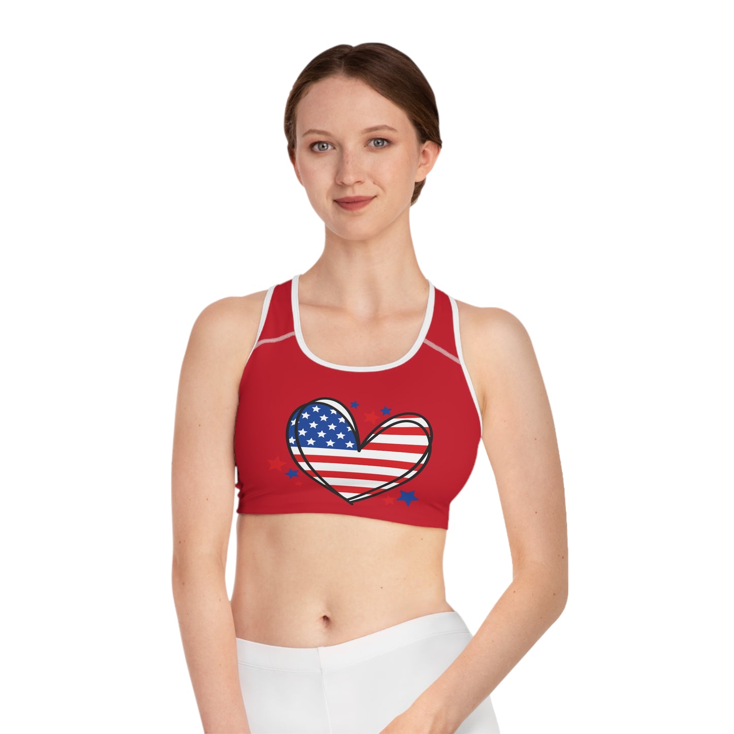 Princess Grace  Patriotic Love Sports Bra  Red Star-Heart Pattern for Active Lifestyle