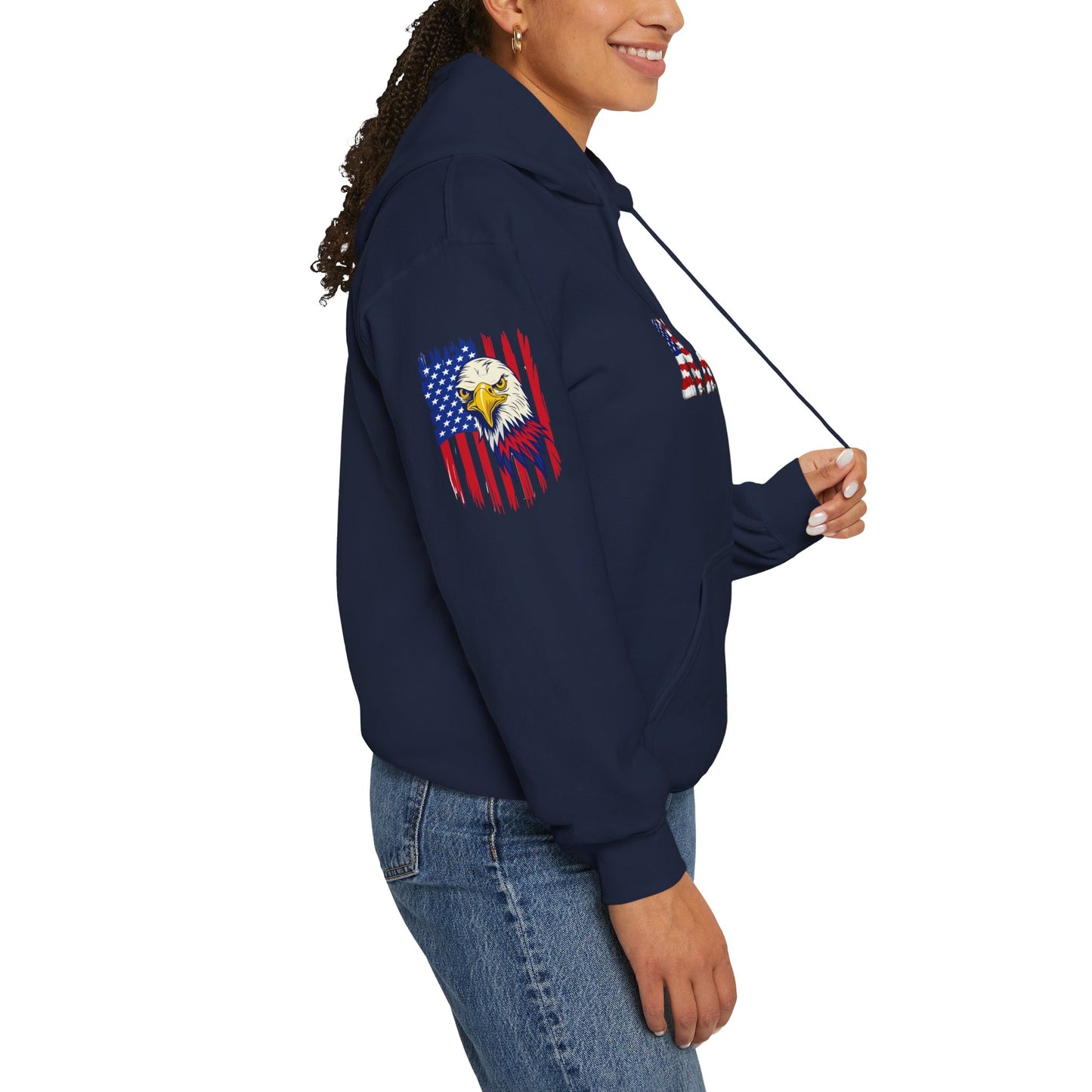 Princess Grace  Patriotic Eagle Navy Hoodie Unisex Heavy Blend Sweatshirt with Flags