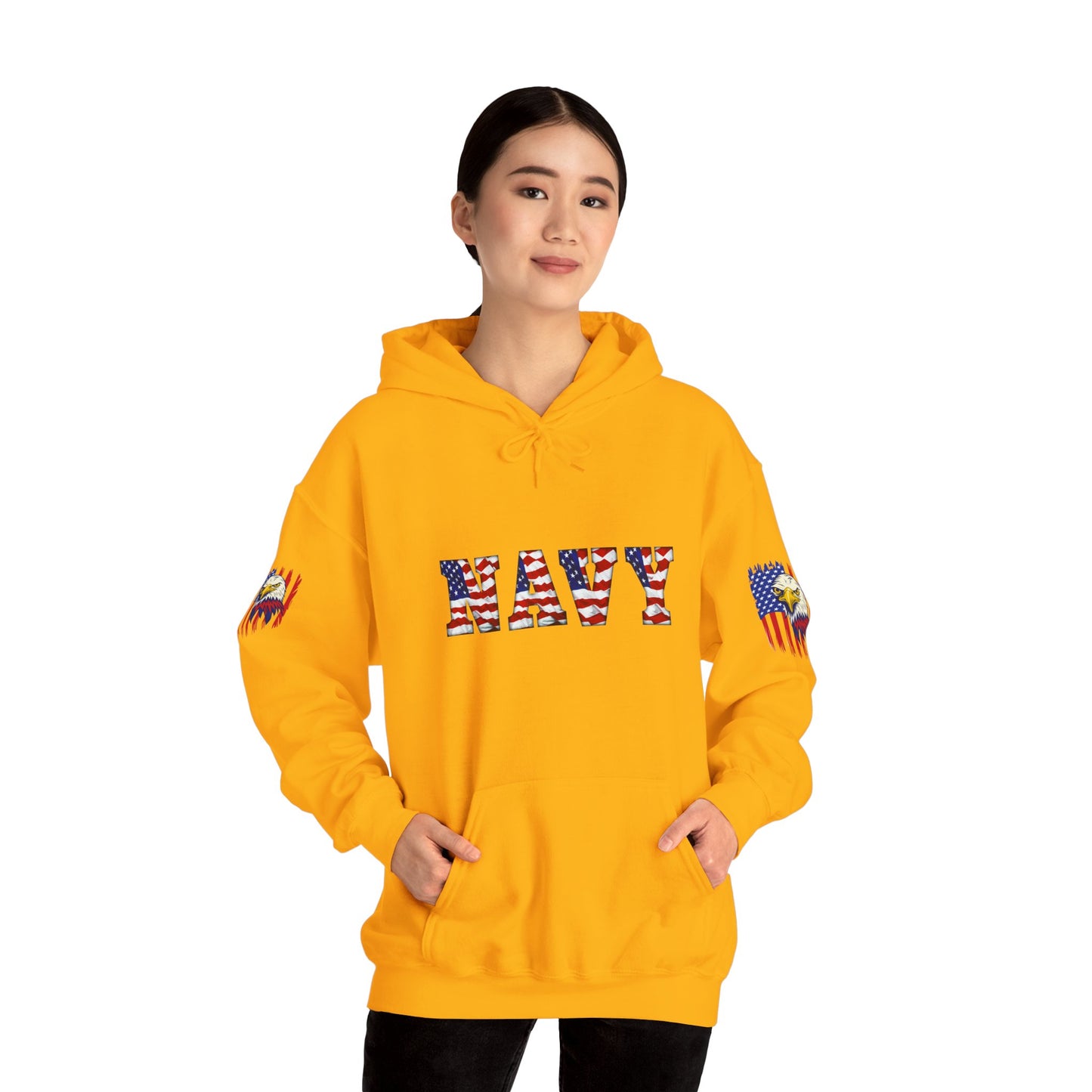 Princess Grace  Patriotic Eagle Navy Hoodie Unisex Heavy Blend Sweatshirt with Flags