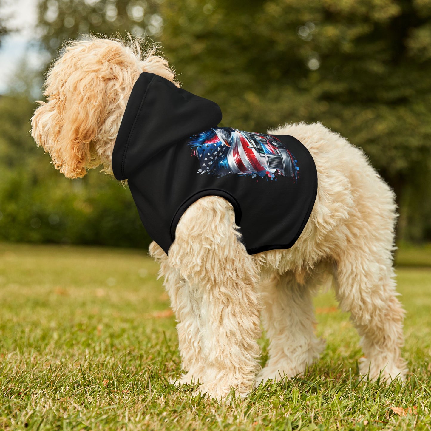 Princess Grace Patriotic Pet Hoodie with American Eagle and Truck Design