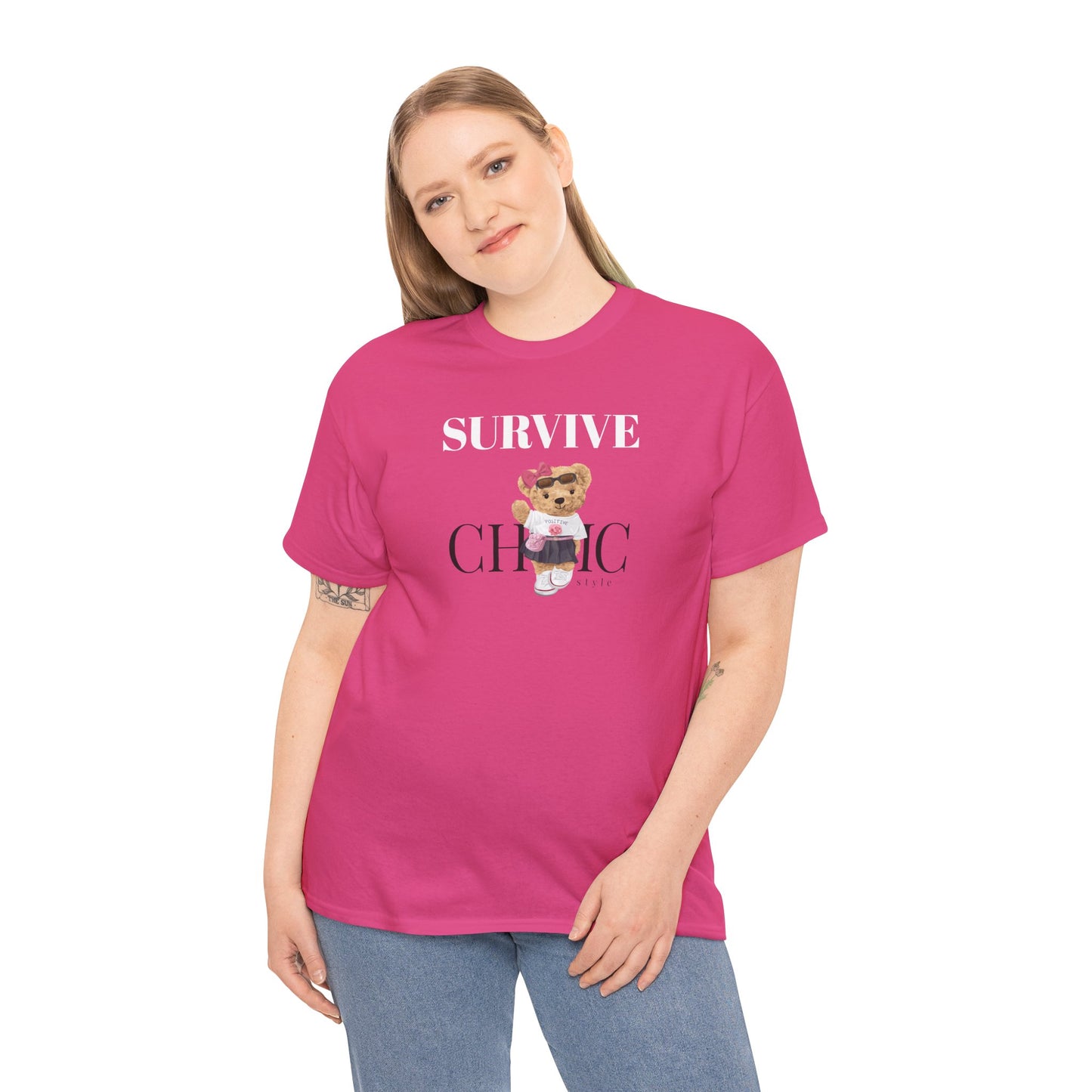 Princess Grace  Survive Chic Unisex Heavy Cotton Tee Cute Bear Graphic T-Shirt for Casual Style