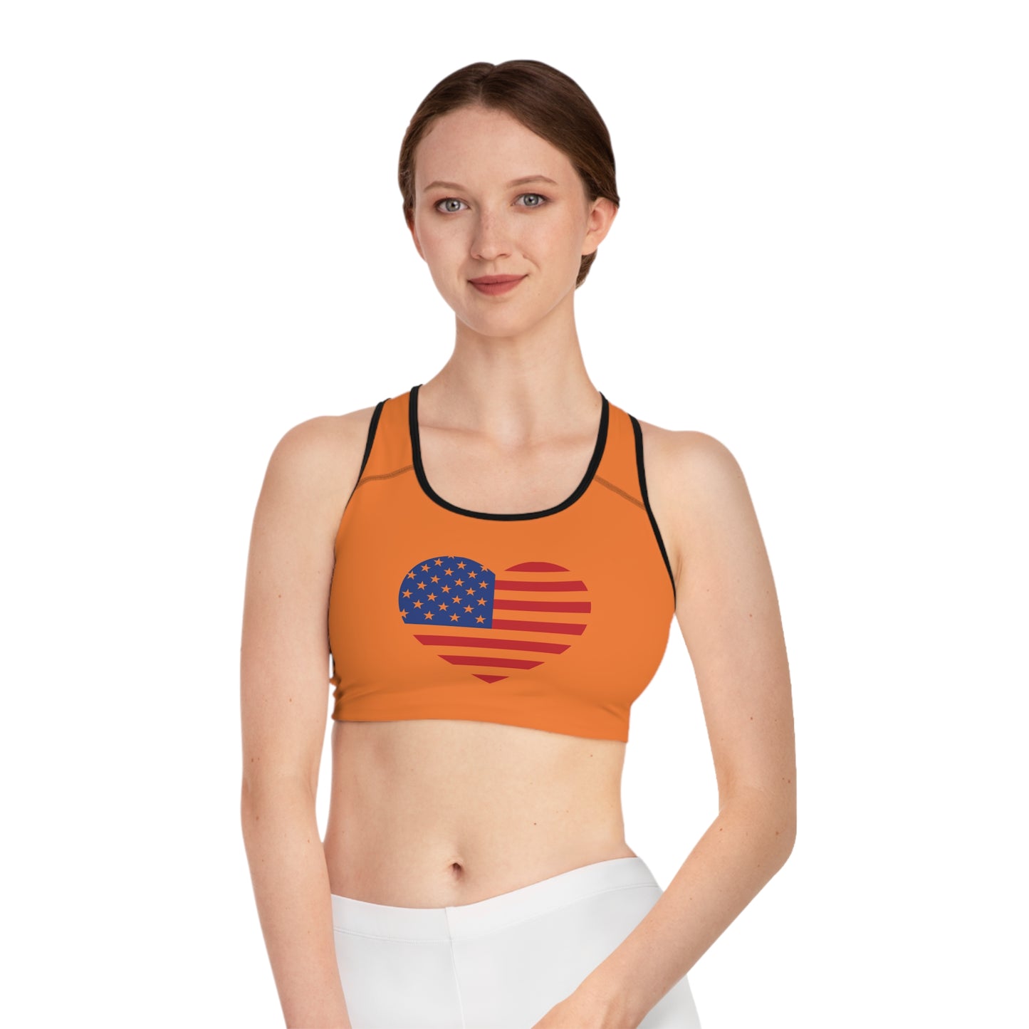 Princess Grace  Patriotic Sports Bra with Heart Design -USA Flag Print for Active Lifestyle