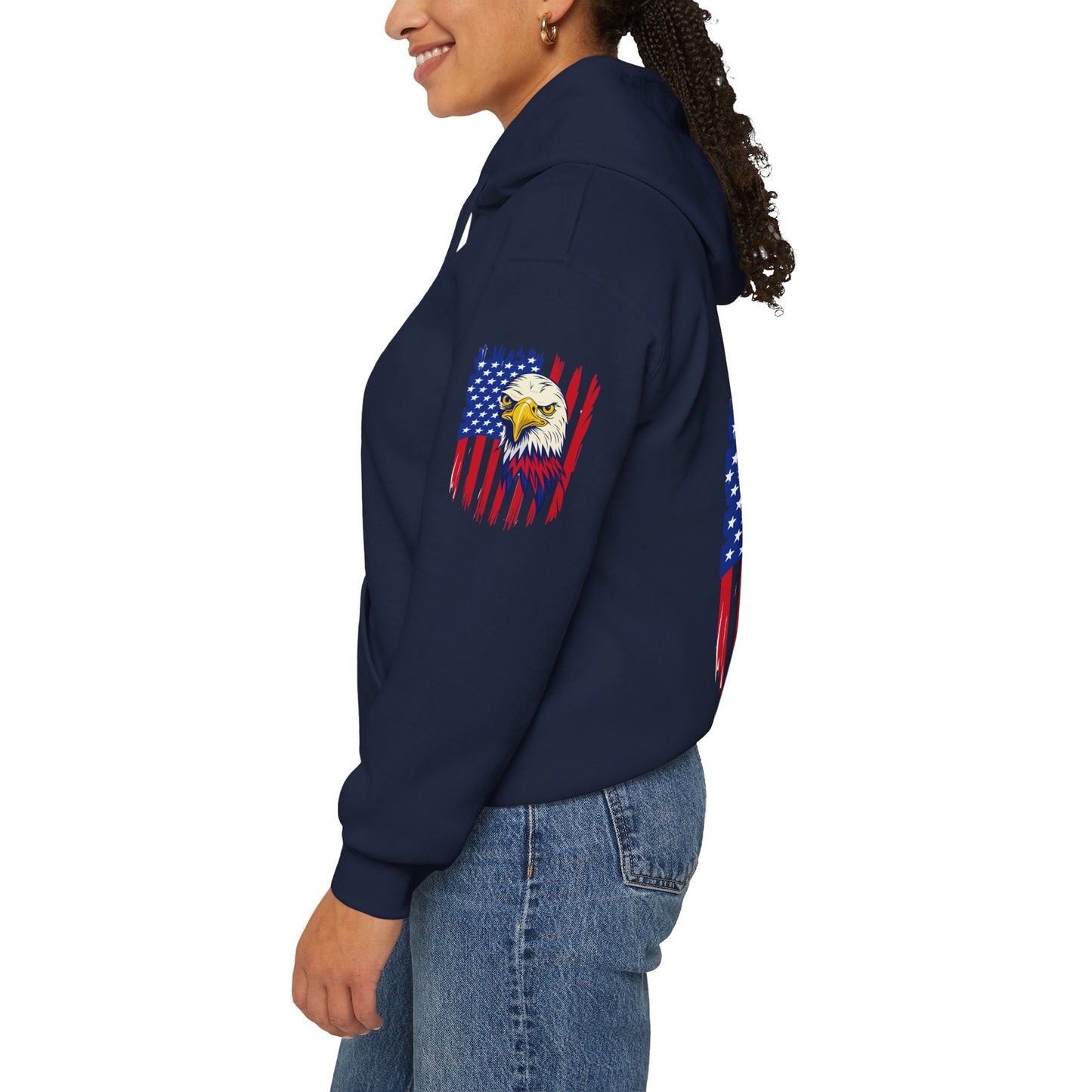 Princess Grace  Patriotic Eagle Navy Hoodie Unisex Heavy Blend Sweatshirt with Flags