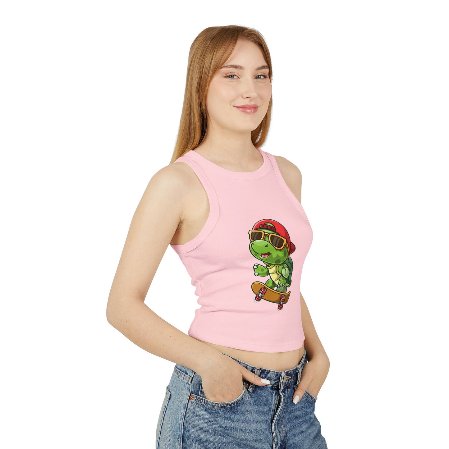 Princess Grace  Cool Skateboarding Turtle Women's Racer Tank Top  Cute Design for Summer Vibes