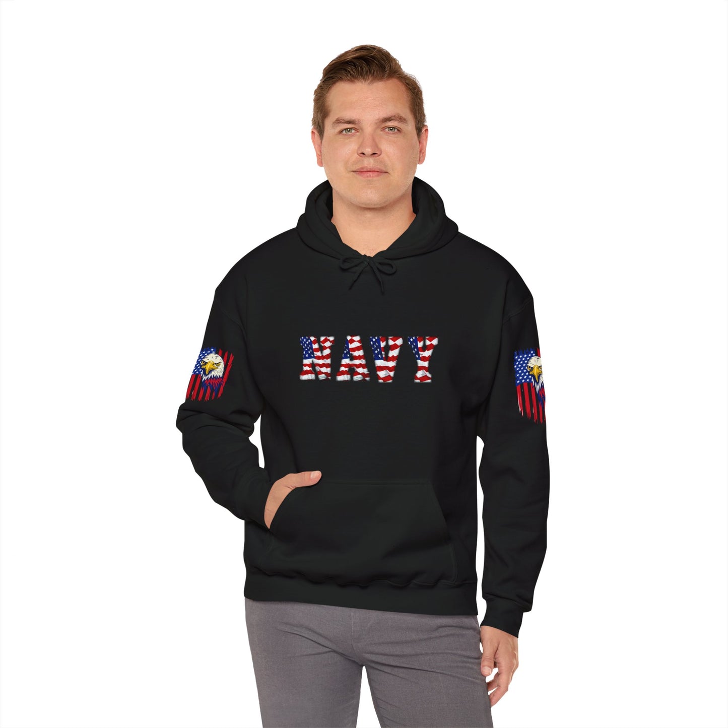 Princess Grace  Patriotic Eagle Navy Hoodie Unisex Heavy Blend Sweatshirt with Flags