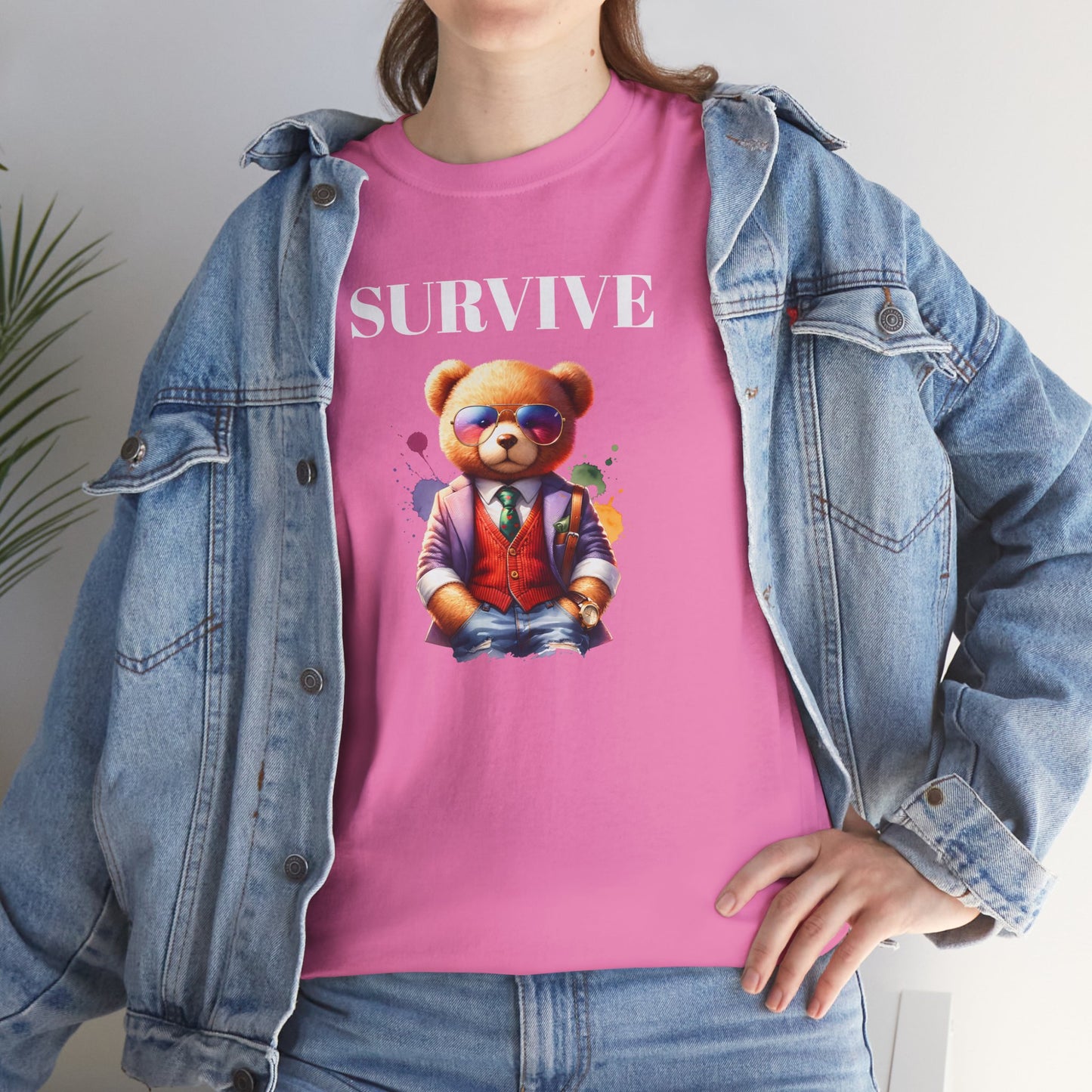 Princess Grace  Unisex Heavy Cotton Tee  'Survive' Teddy Bear Graphic T-Shirt for Casual Wear