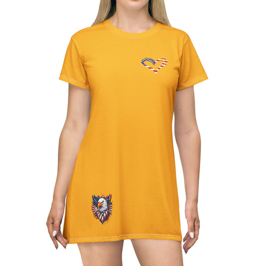 Princess Grace  Patriotic Heart T-Shirt Dress  Bold Yellow Summer Style