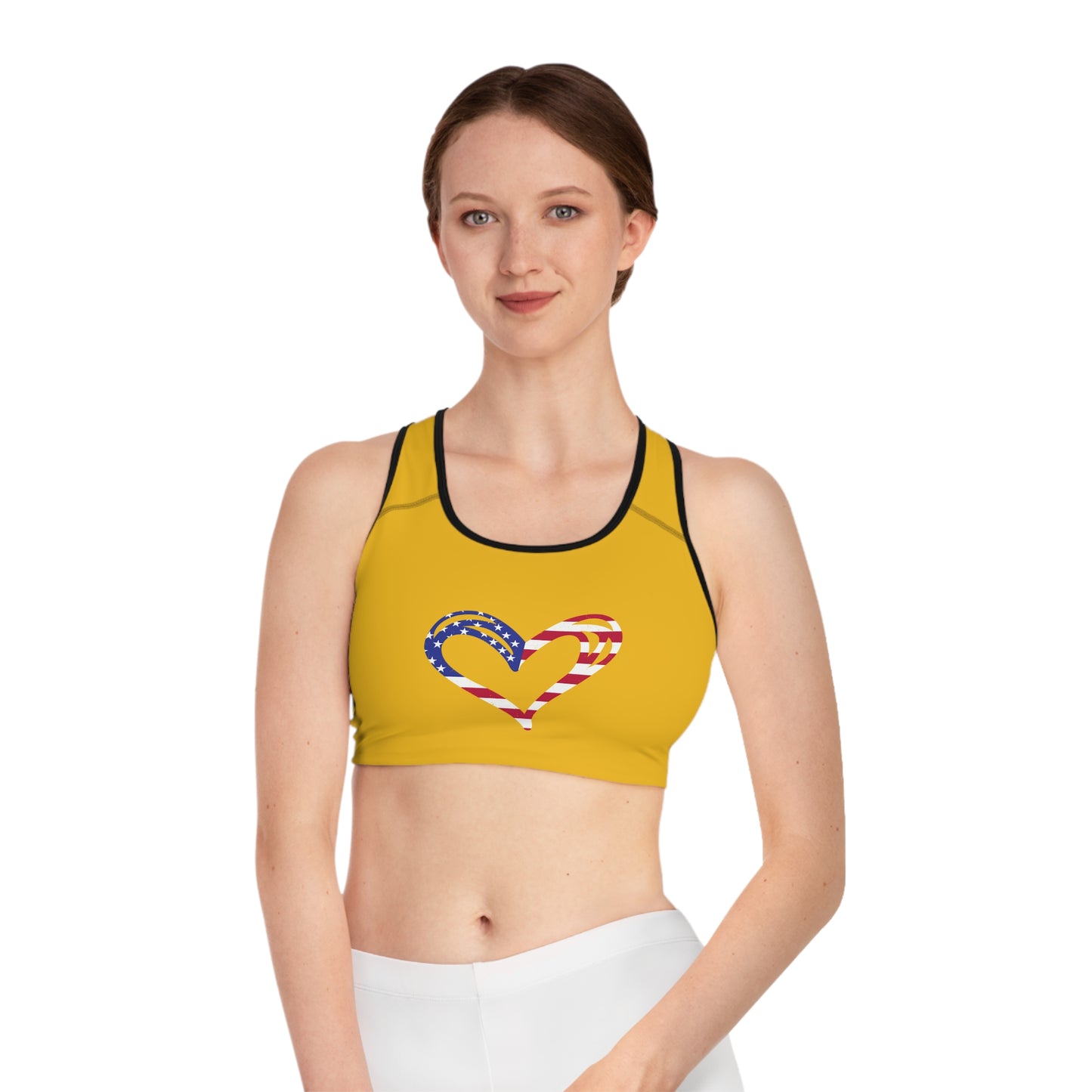 Princess Grace  Patriotic Heart Sports Bra  Yellow Fitness Top for Active Women