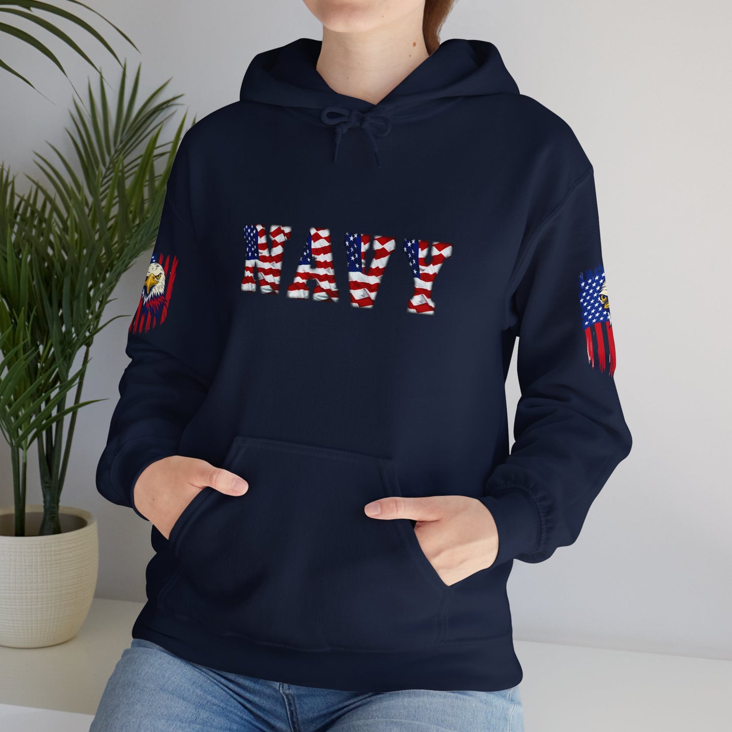 Princess Grace  Patriotic Eagle Navy Hoodie Unisex Heavy Blend Sweatshirt with Flags